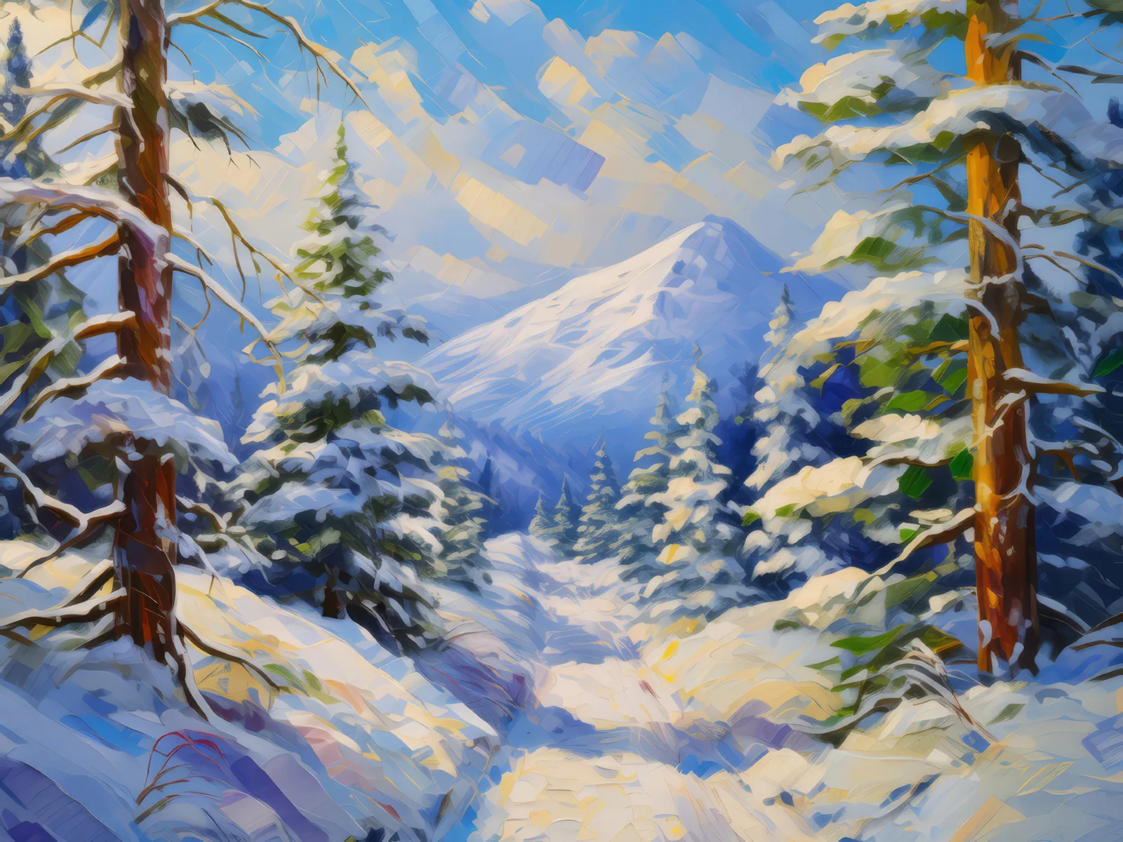 Snowy Mountain Pass, a palette-knife oil landscape by Emma Mickelberg
