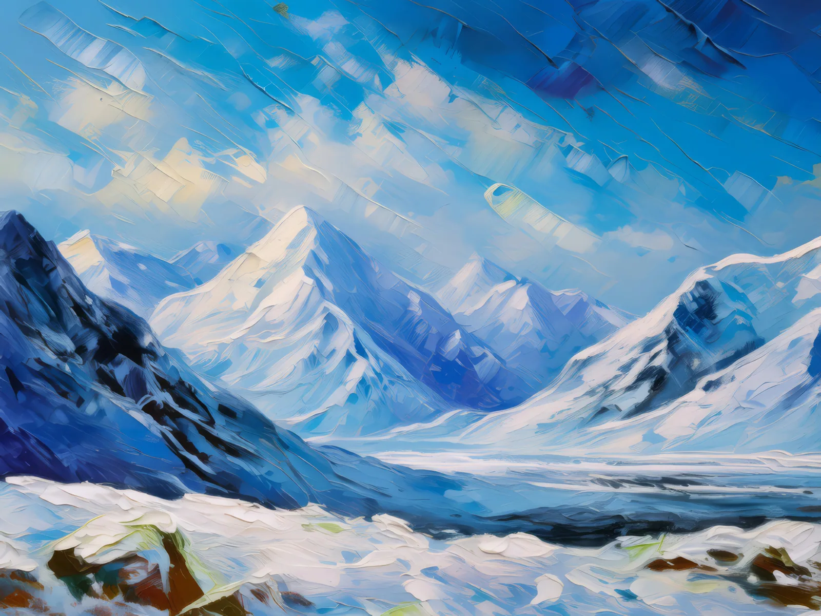 Snowy Mountain Range, a palette-knife oil landscape by Emma Mickelberg