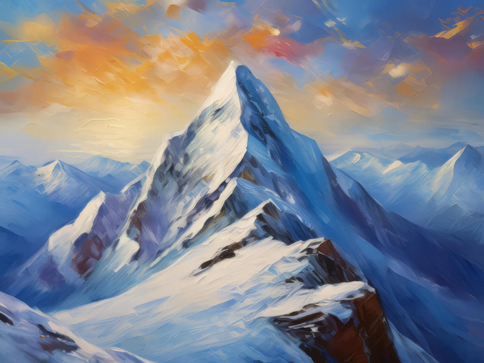 Snowy Mountain Summit, a palette-knife oil landscape by Emma Mickelberg