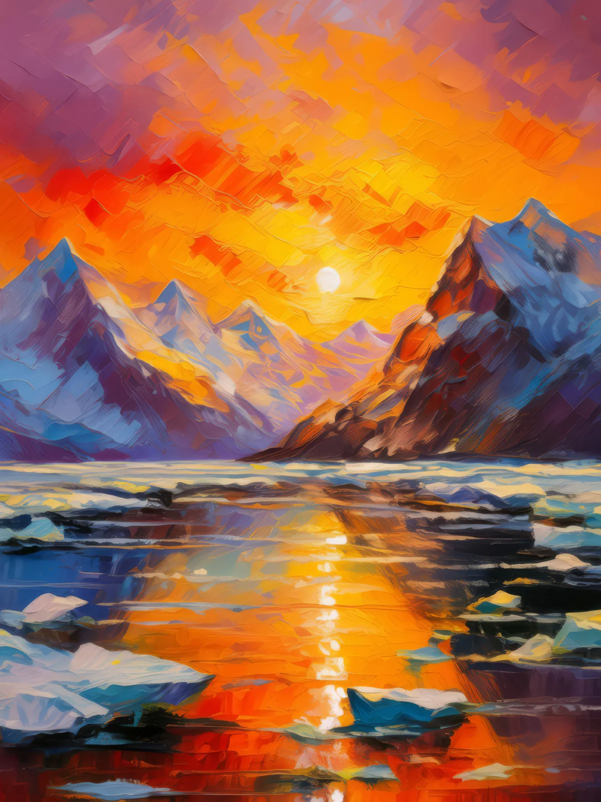 Snowy Mountain Sunset, a palette-knife oil landscape by Emma Mickelberg