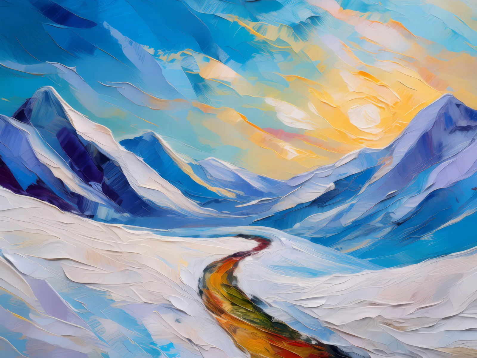 Snowy Mountain Trail, a palette-knife oil landscape by Emma Mickelberg
