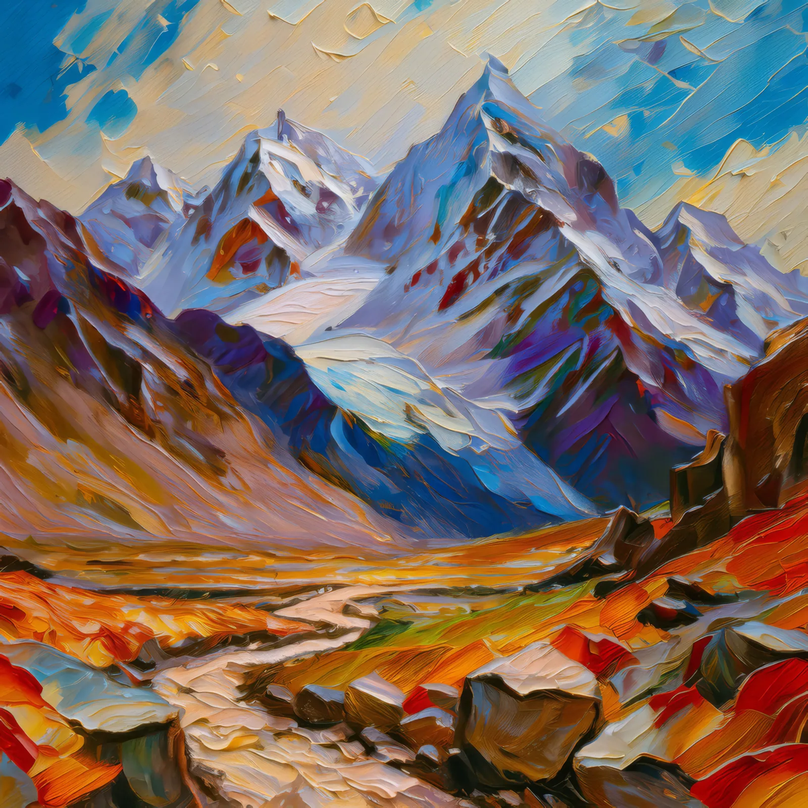 Snowy Peaks Above Alpine Desert, a palette-knife oil landscape by Emma Mickelberg