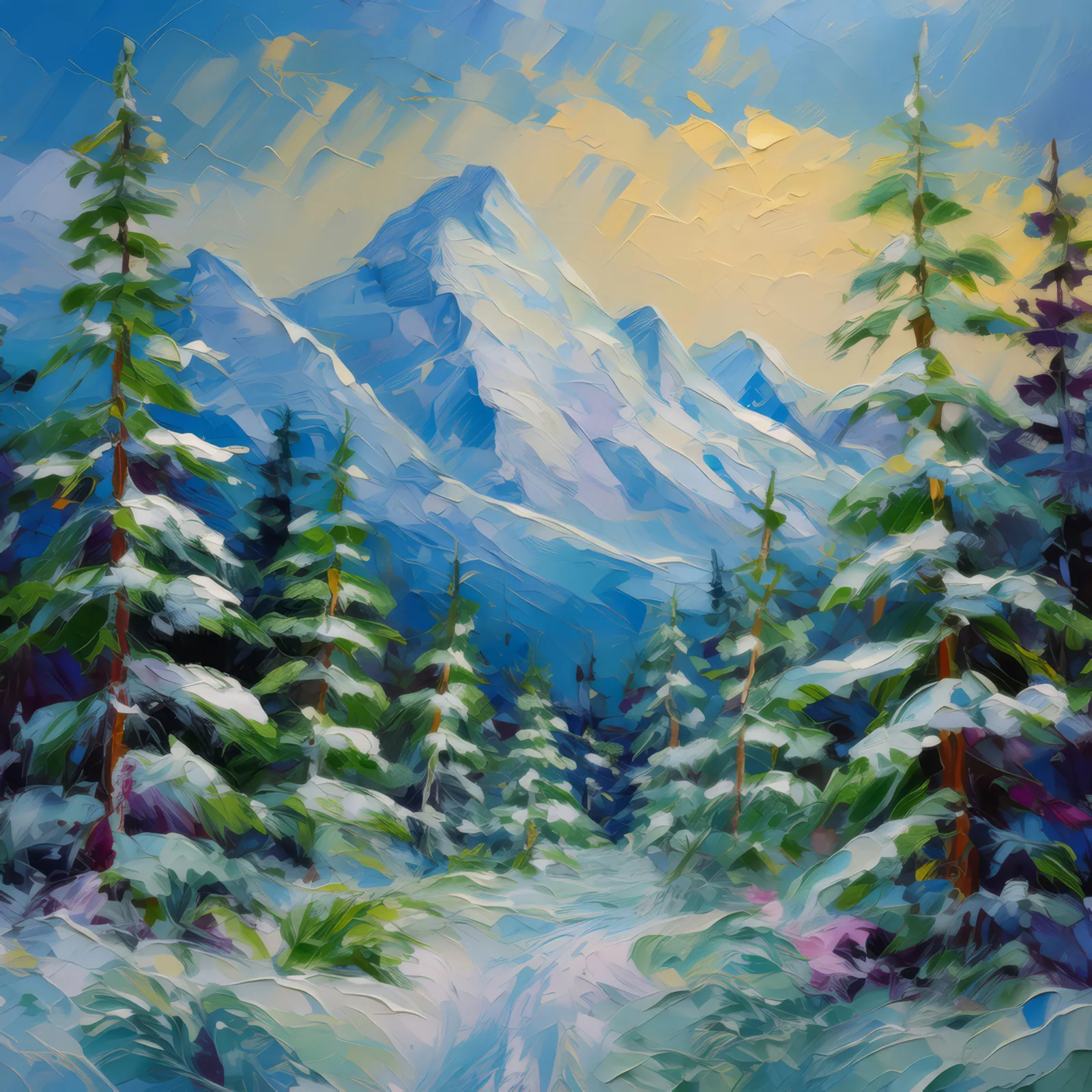 Snowy Pine Forest, a palette-knife oil landscape by Emma Mickelberg