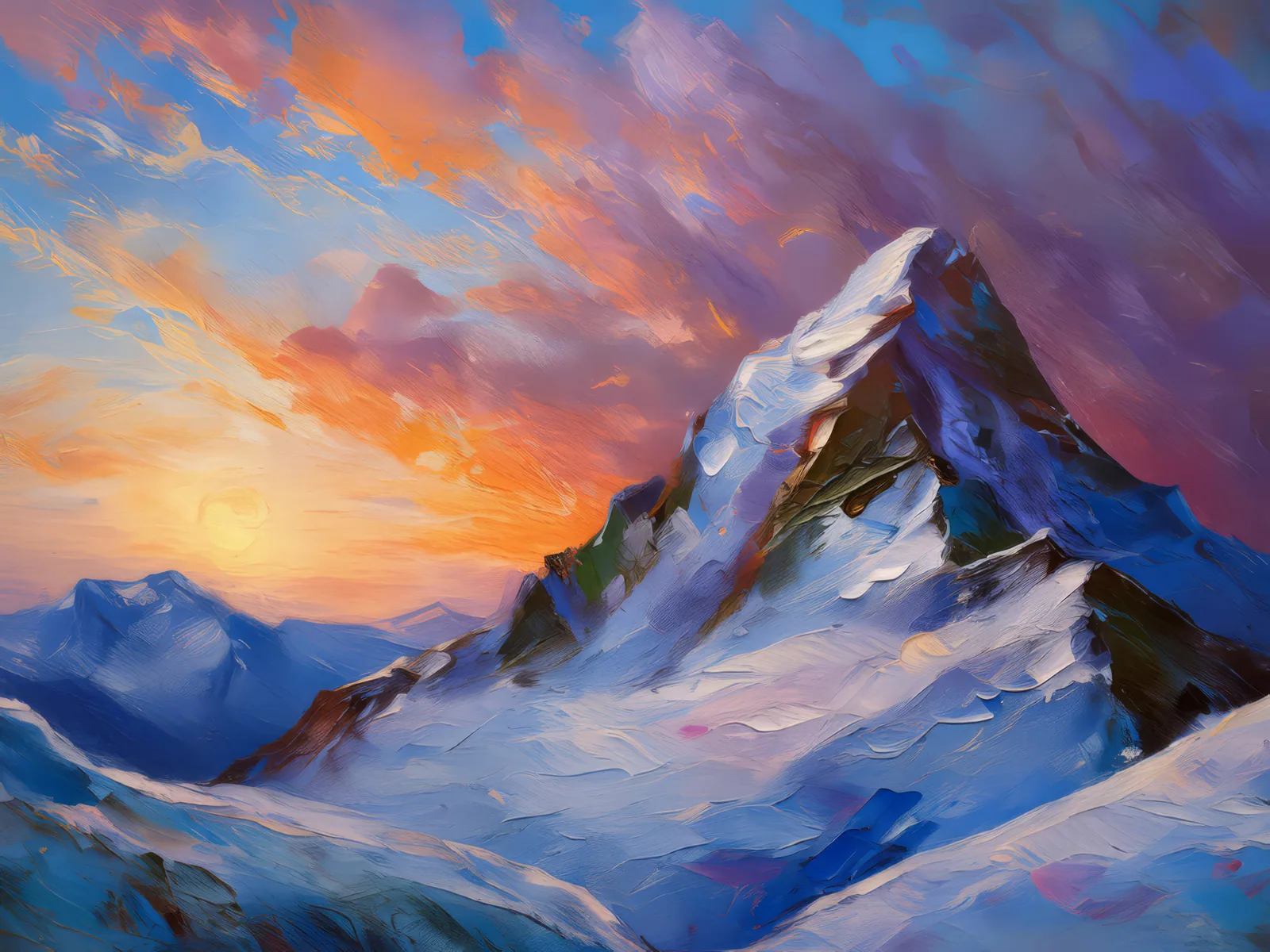 Snowy Ridge at Dusk, a palette-knife oil landscape by Emma Mickelberg