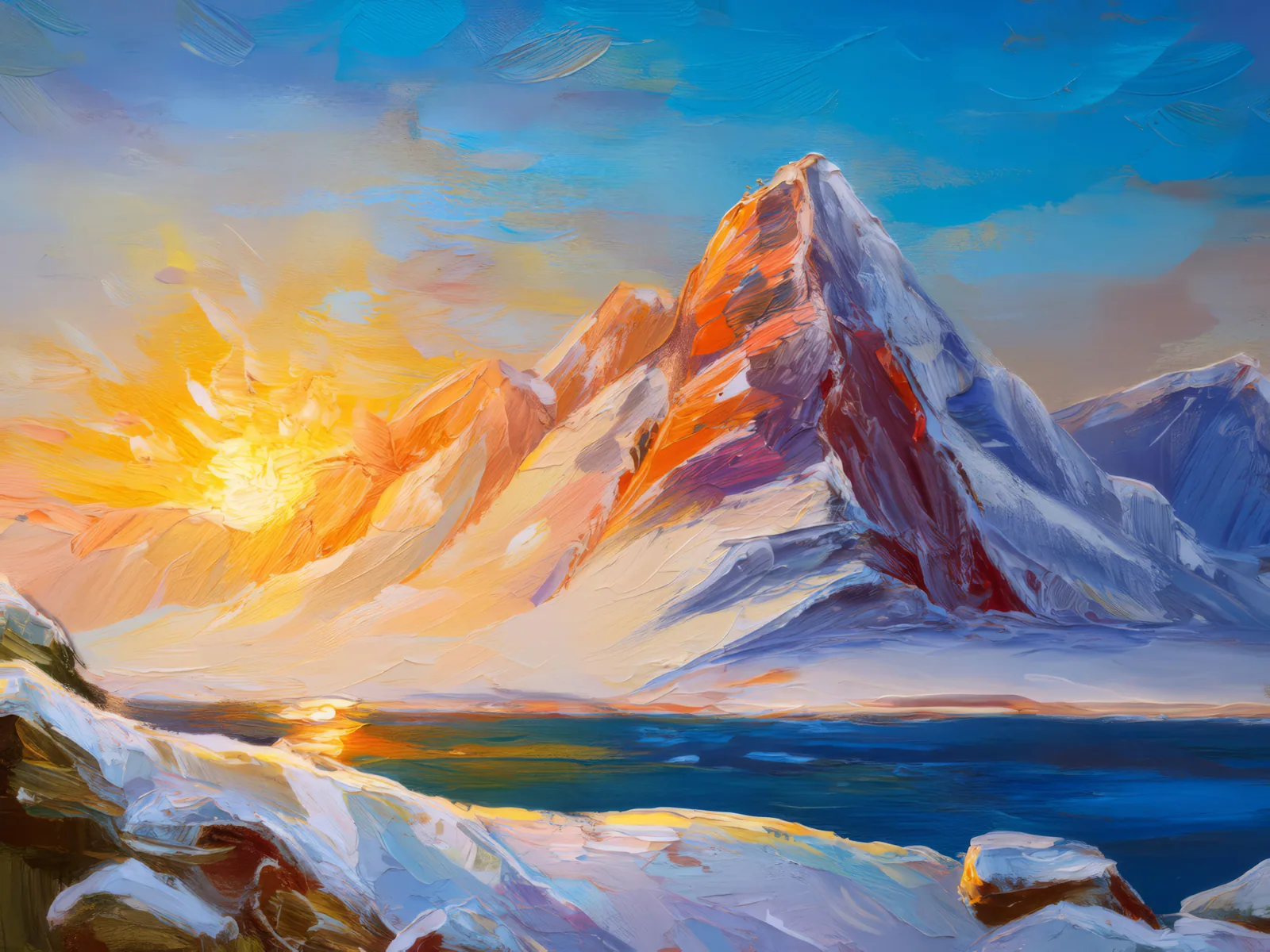 Snowy Ridge Sunrise, a palette-knife oil landscape by Emma Mickelberg