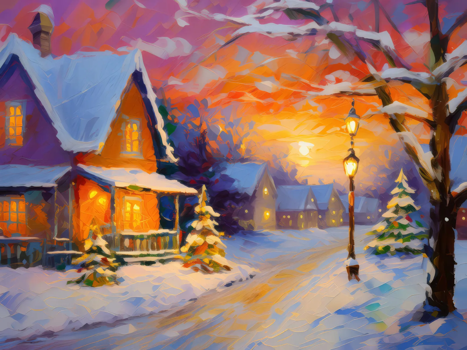 Snowy Suburban Evening, a palette-knife oil landscape by Emma Mickelberg