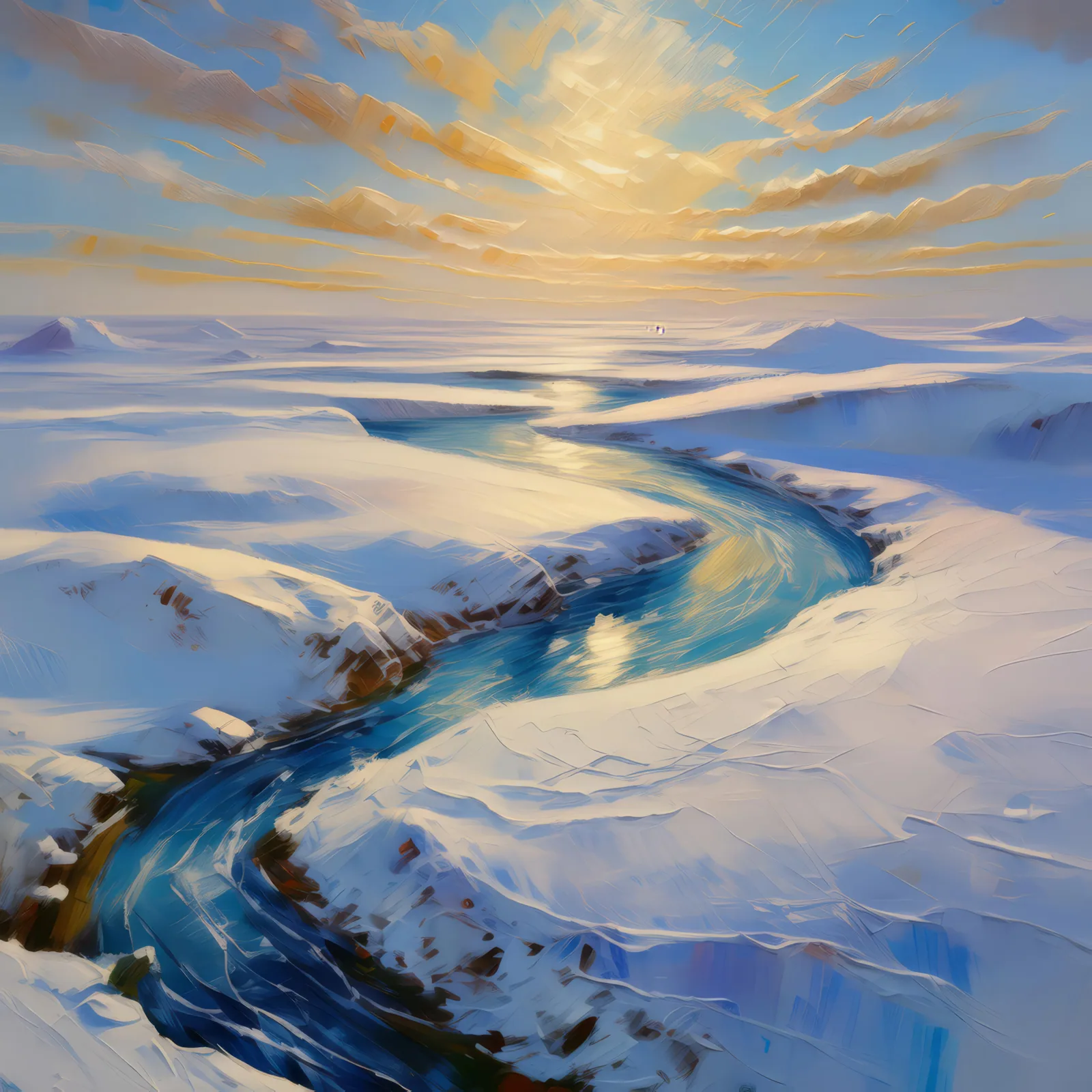 Snowy Tundra Aerial View, a palette-knife oil landscape by Emma Mickelberg