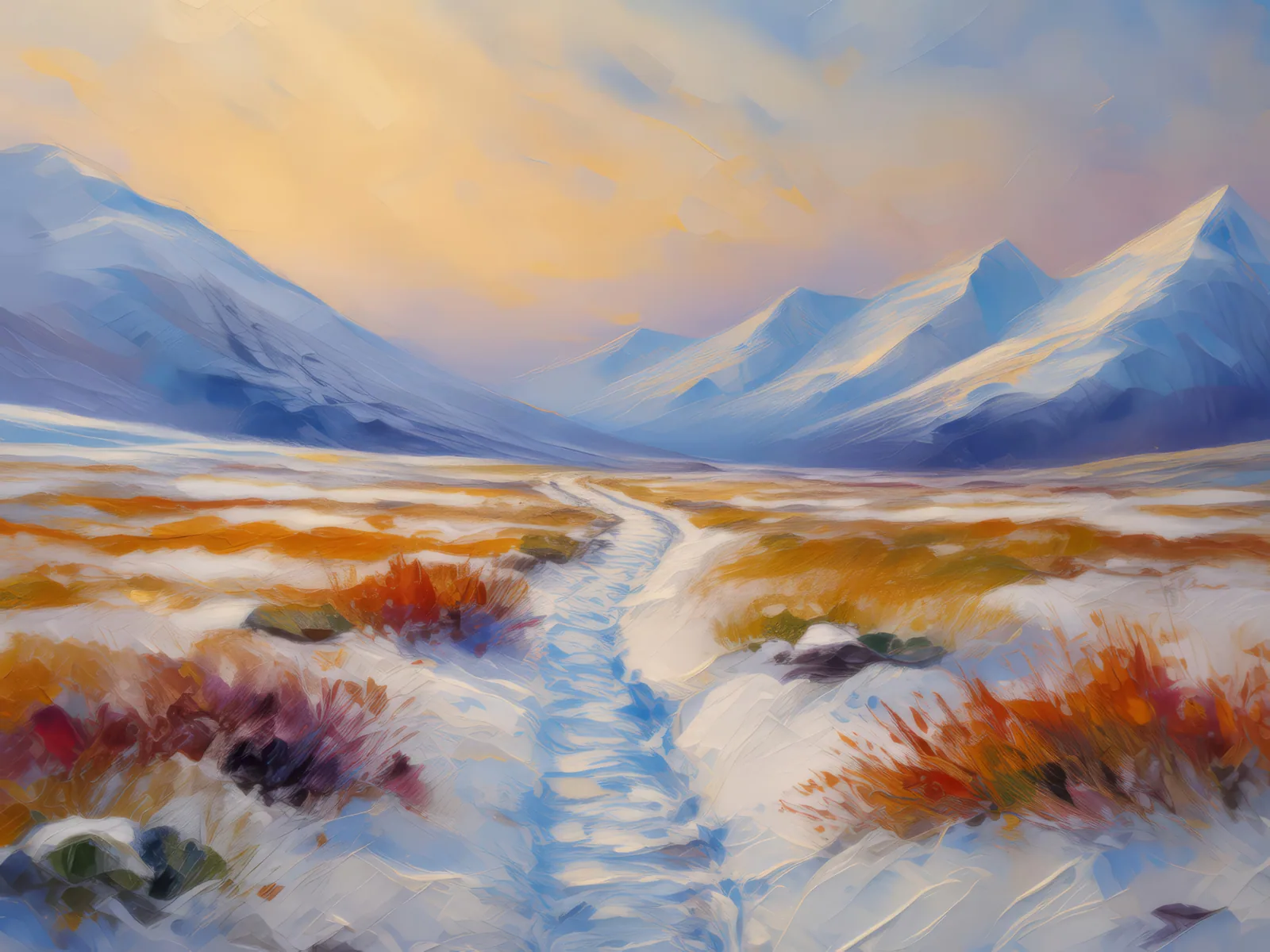 Snowy Tundra Path, a palette-knife oil landscape by Emma Mickelberg