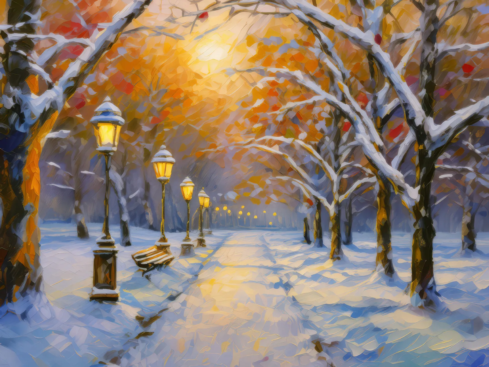 Snowy Urban Park, a palette-knife oil landscape by Emma Mickelberg