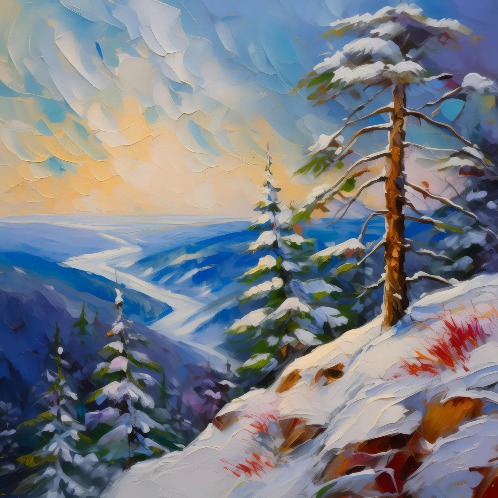 Snowy Winter Bluff, a palette-knife oil landscape by Emma Mickelberg
