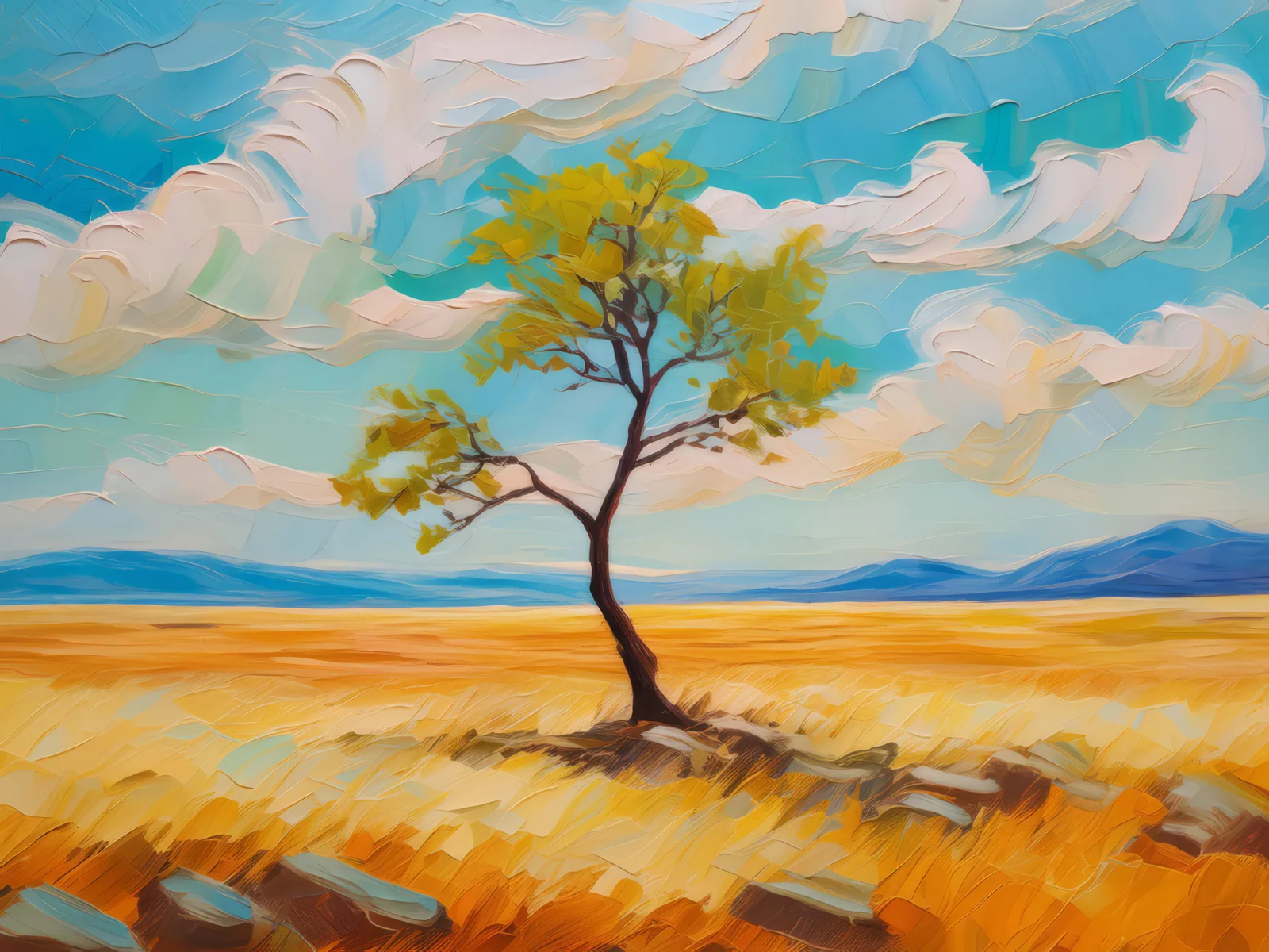 Solitary Boreal Desert Tree, a palette-knife oil landscape by Emma Mickelberg