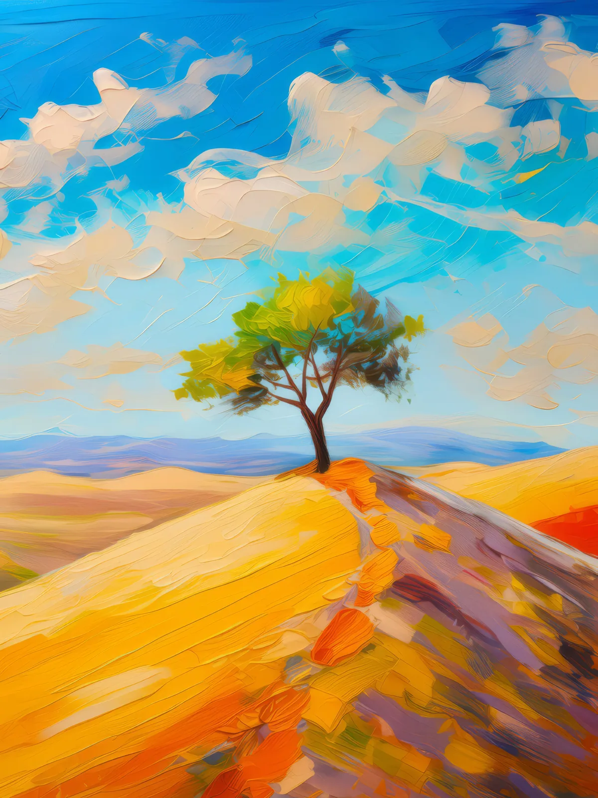 Solitary Desert Tree, a palette-knife oil landscape by Emma Mickelberg