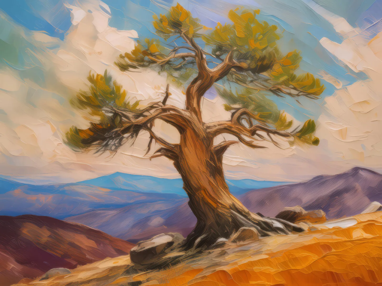 Solitary Plateau Bristlecone Pine, a palette-knife oil landscape by Emma Mickelberg