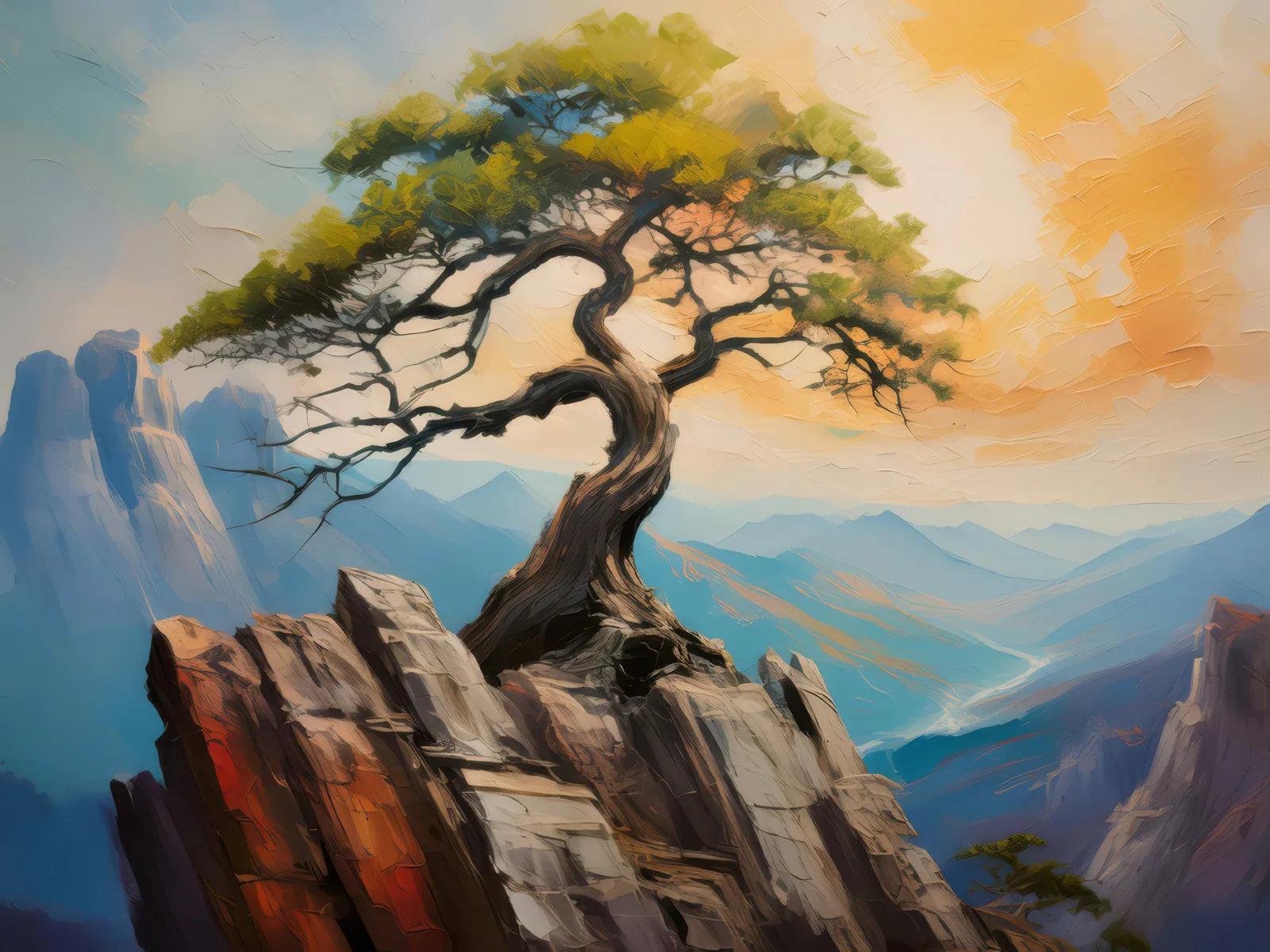 Solitary Sentinel on Craggy Throne, a palette-knife oil landscape by Emma Mickelberg