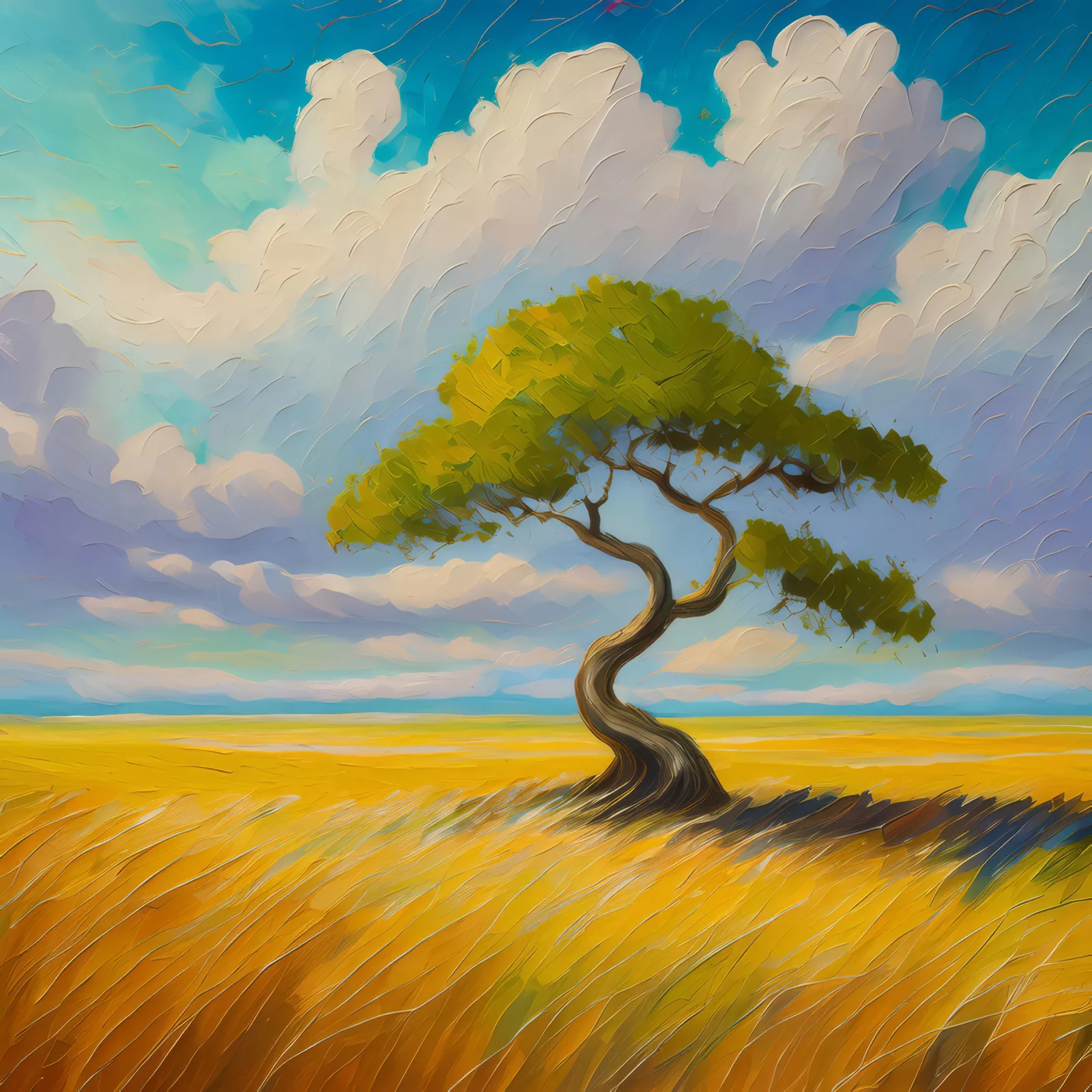 Solitary Steppe Tree, a palette-knife oil landscape by Emma Mickelberg