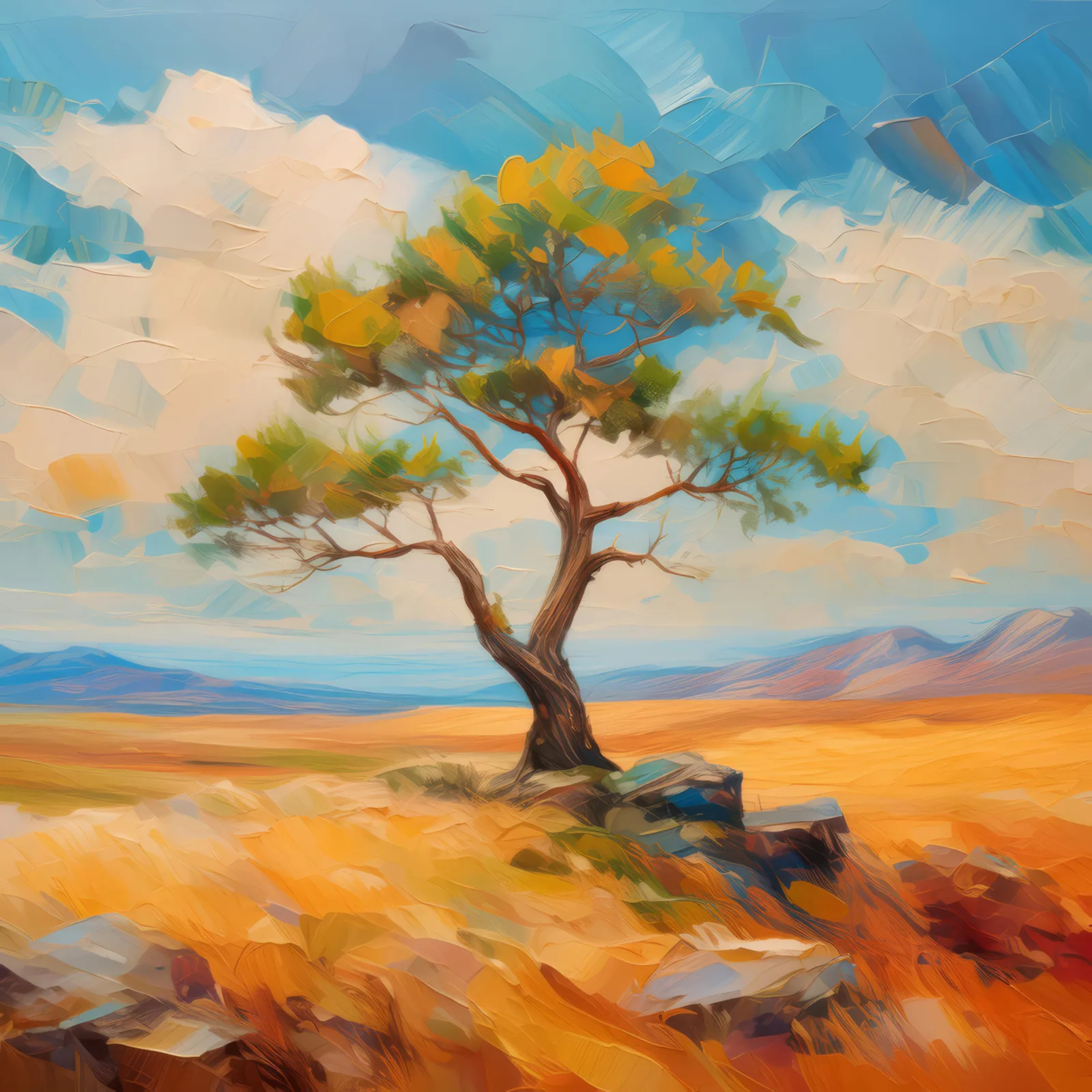 Solitary Tree in Boreal Desert, a palette-knife oil landscape by Emma Mickelberg