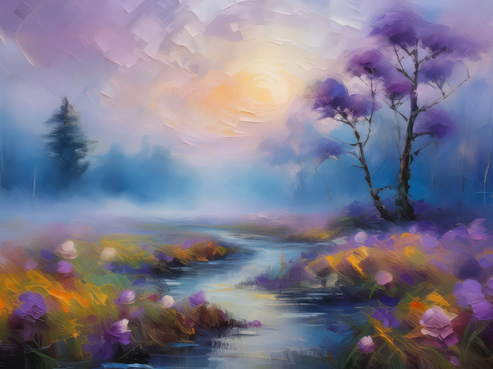 Spectral Foggy Moor, a palette-knife oil landscape by Emma Mickelberg