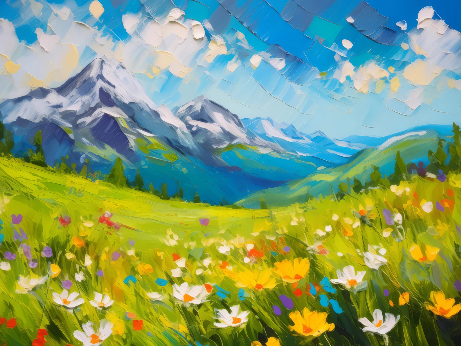 Spring Alpine Meadow, a palette-knife oil landscape by Emma Mickelberg