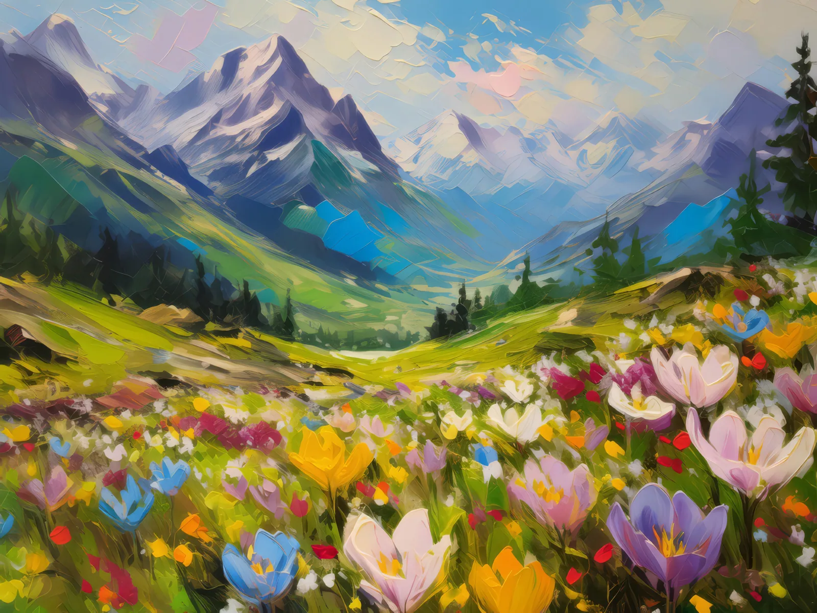 Spring Alpine Valley Bloom, a palette-knife oil landscape by Emma Mickelberg