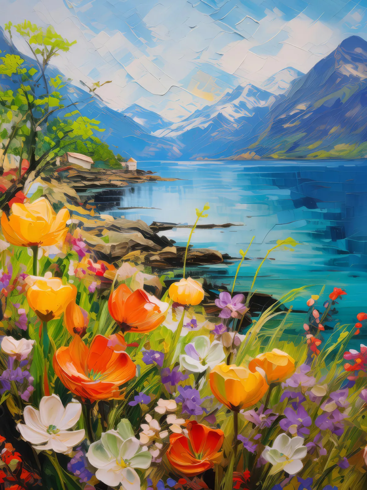 Spring Awakening Along the Fjord, a palette-knife oil landscape by Emma Mickelberg