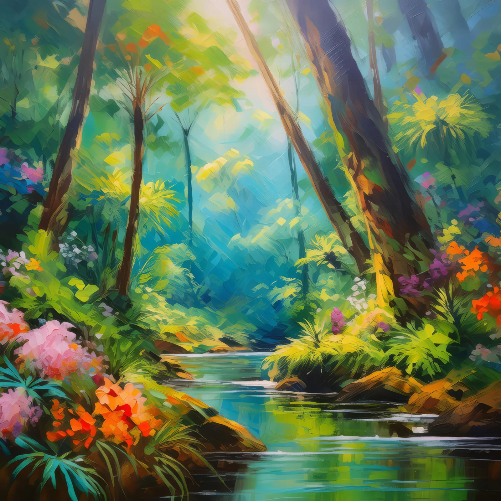 Spring Awakening in the Jungle, a palette-knife oil landscape by Emma Mickelberg