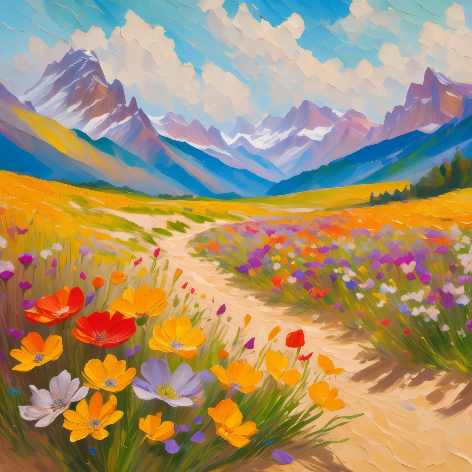 Spring Bloom in Alpine Desert, a palette-knife oil landscape by Emma Mickelberg