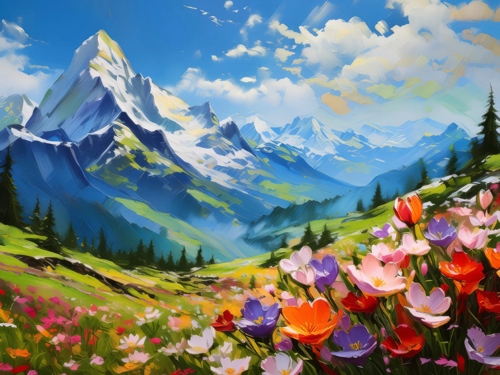 Spring Bloom in Alps, a palette-knife oil landscape by Emma Mickelberg