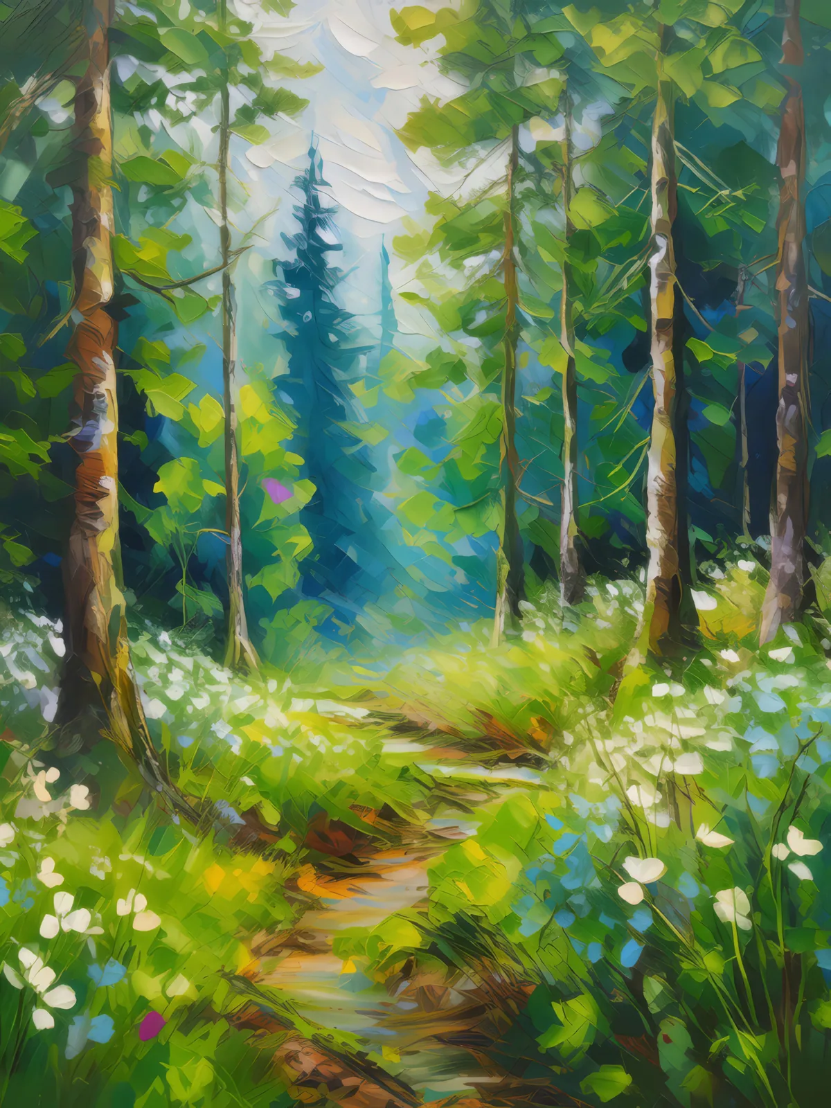 Spring Bloom in Boreal Forest, a palette-knife oil landscape by Emma Mickelberg