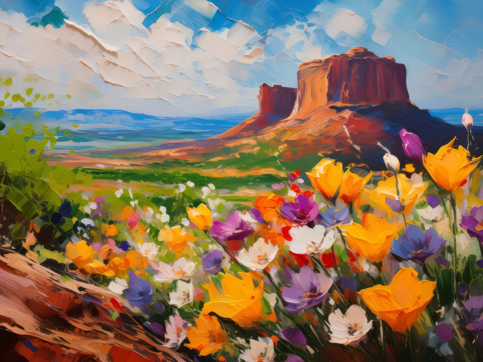 Spring Bloom Mesa, a palette-knife oil landscape by Emma Mickelberg