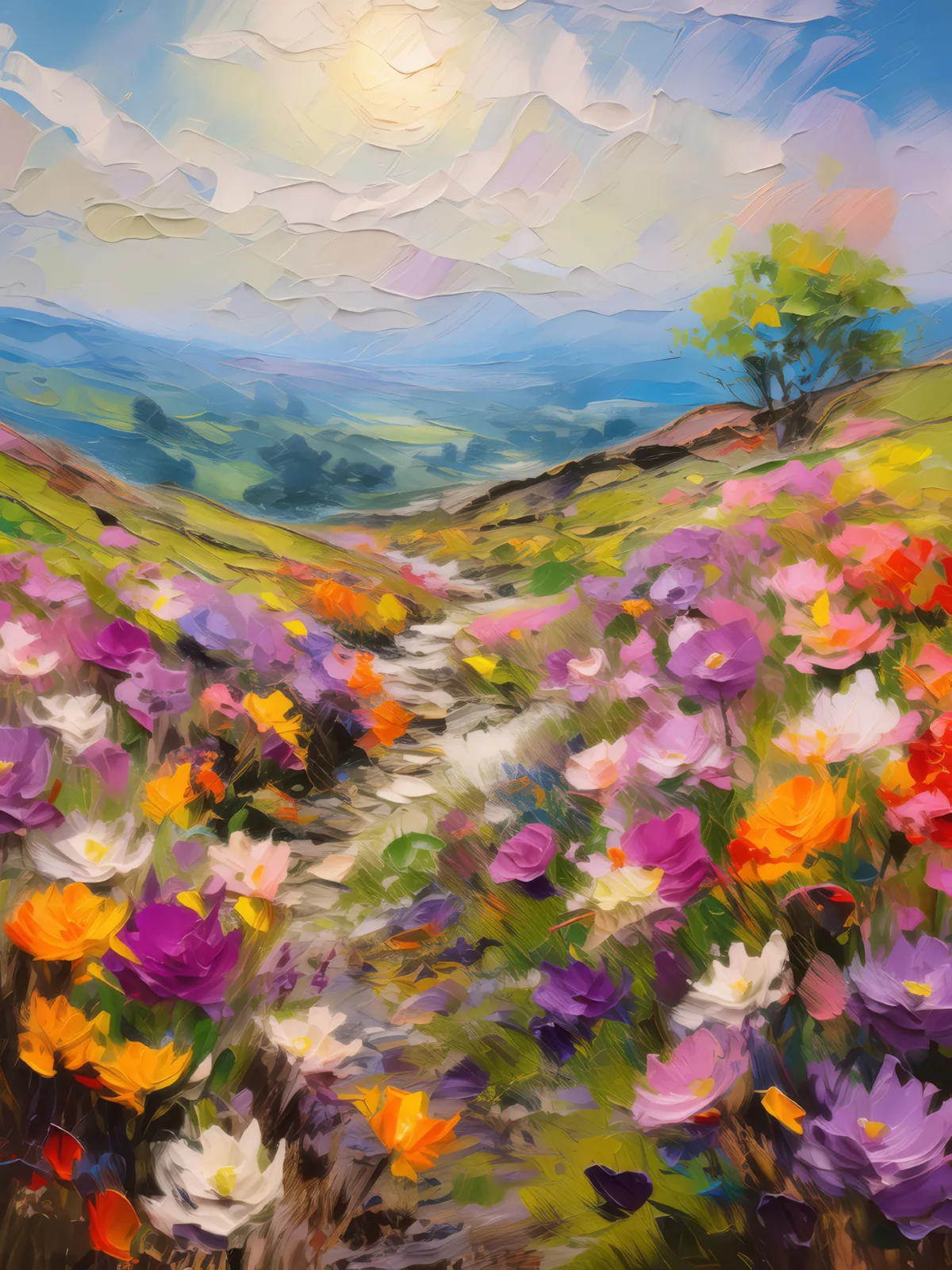 Spring Blooms Across Moor, a palette-knife oil landscape by Emma Mickelberg