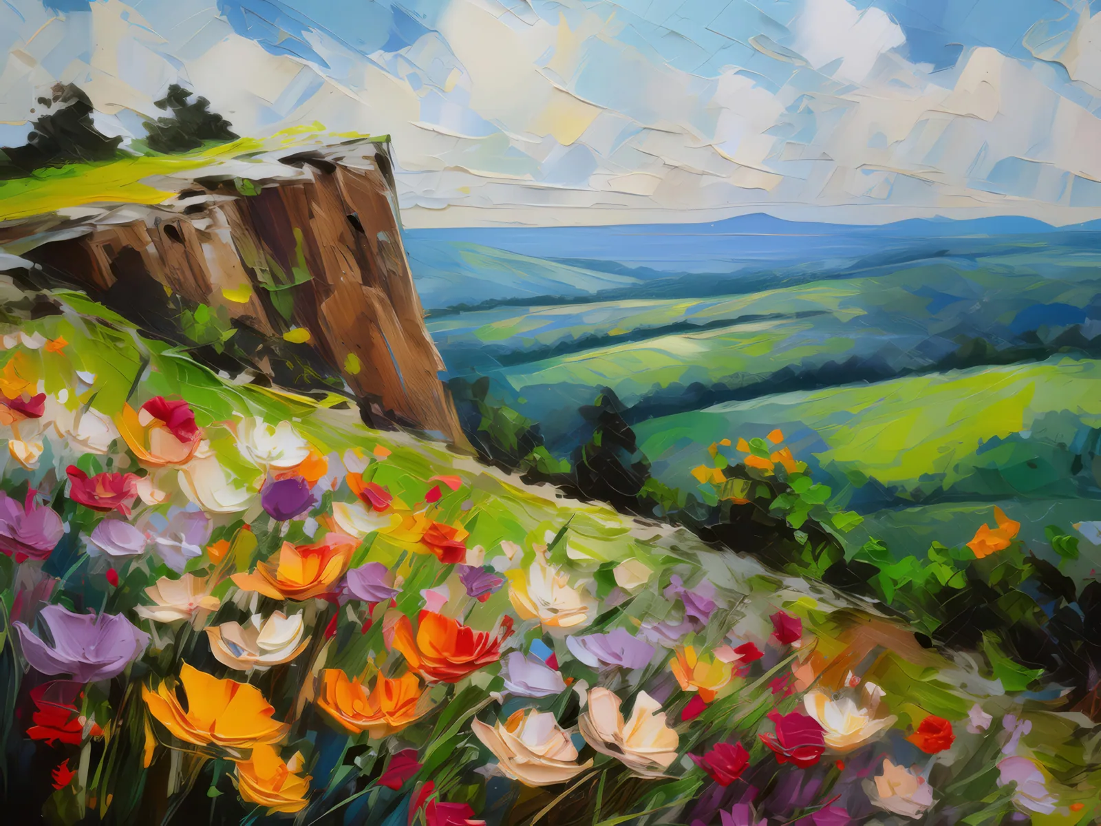 Spring Blossom Bluff, a palette-knife oil landscape by Emma Mickelberg