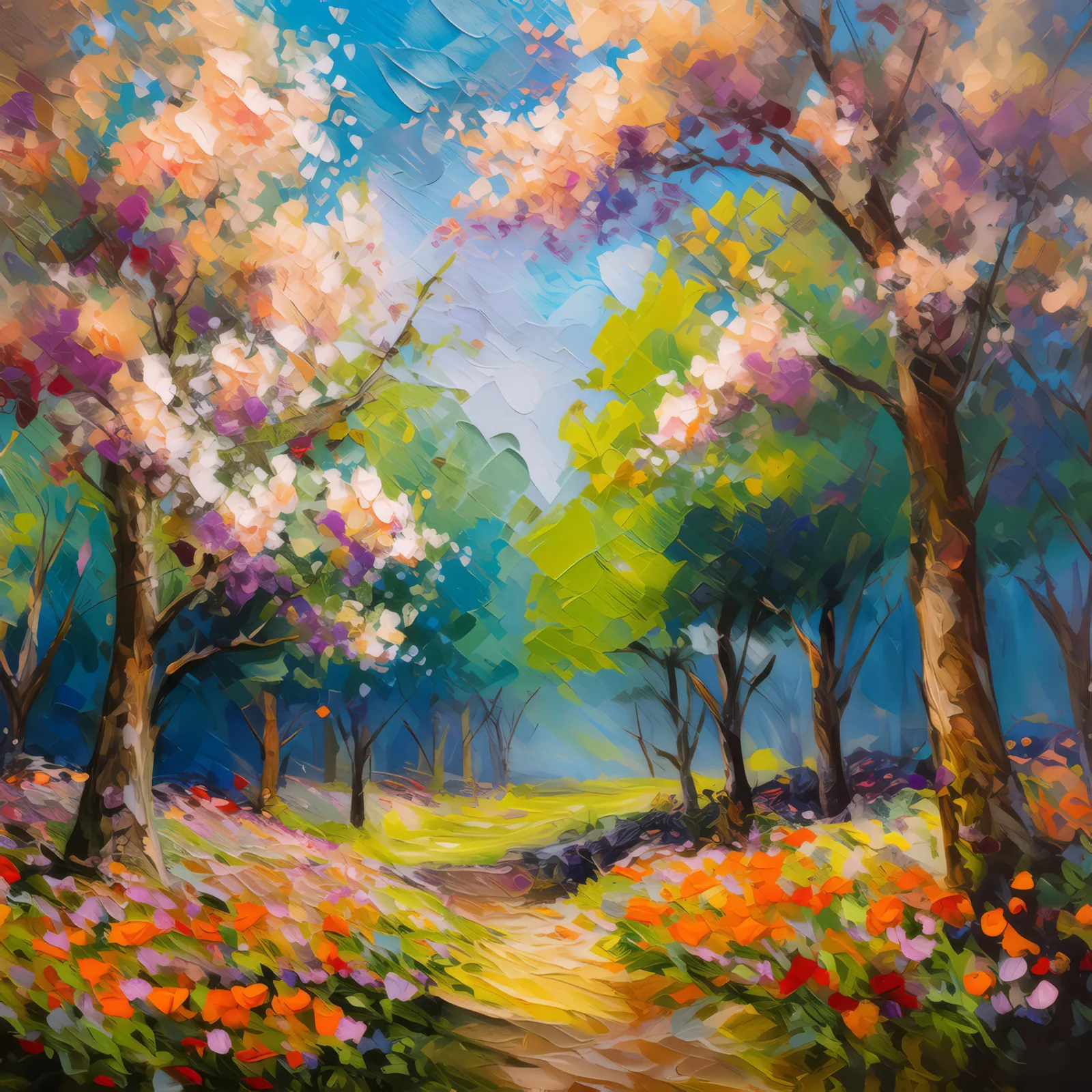 Spring Blossoms in Forest, a palette-knife oil landscape by Emma Mickelberg