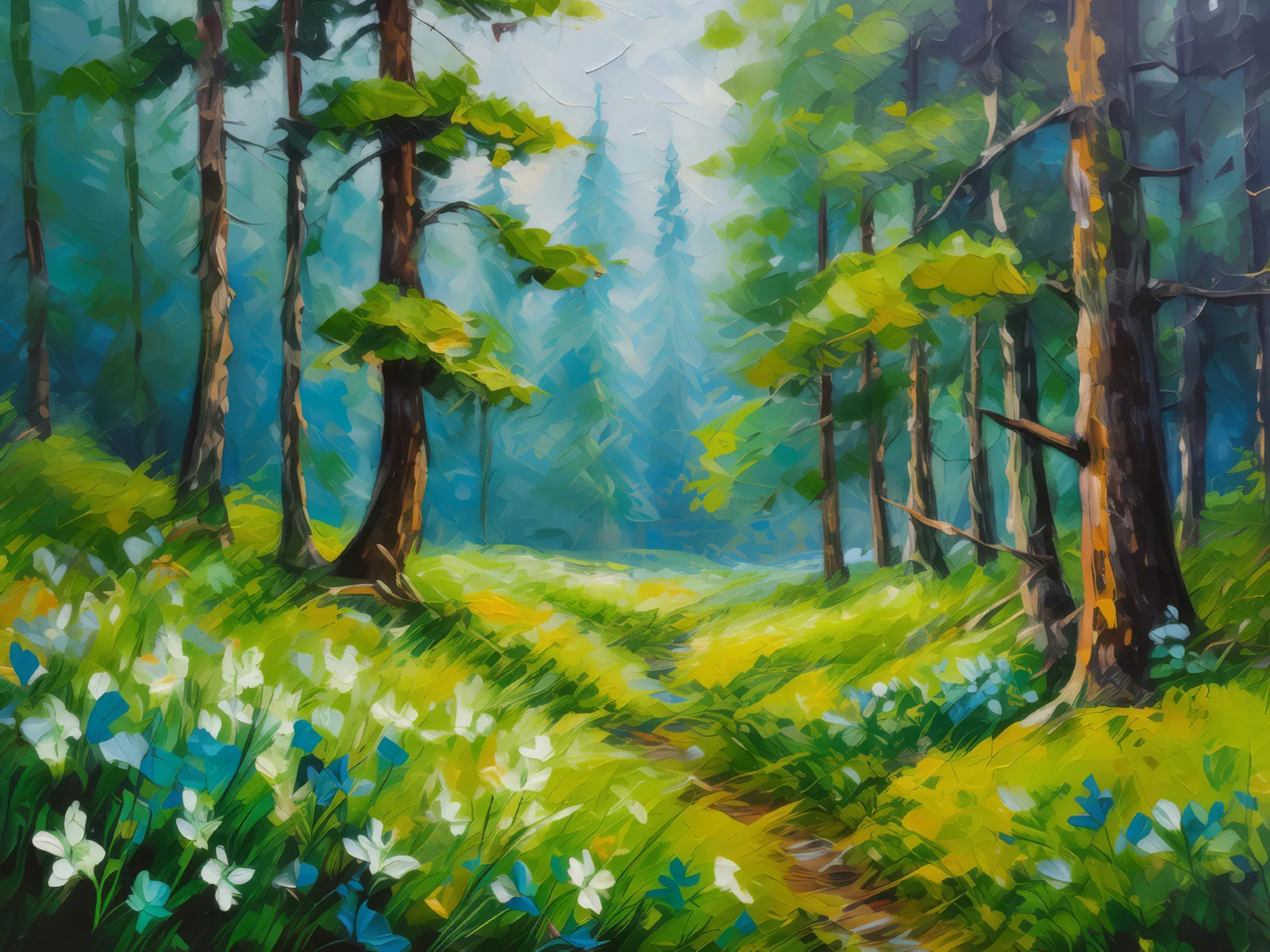 Spring Boreal Blossoms, a palette-knife oil landscape by Emma Mickelberg