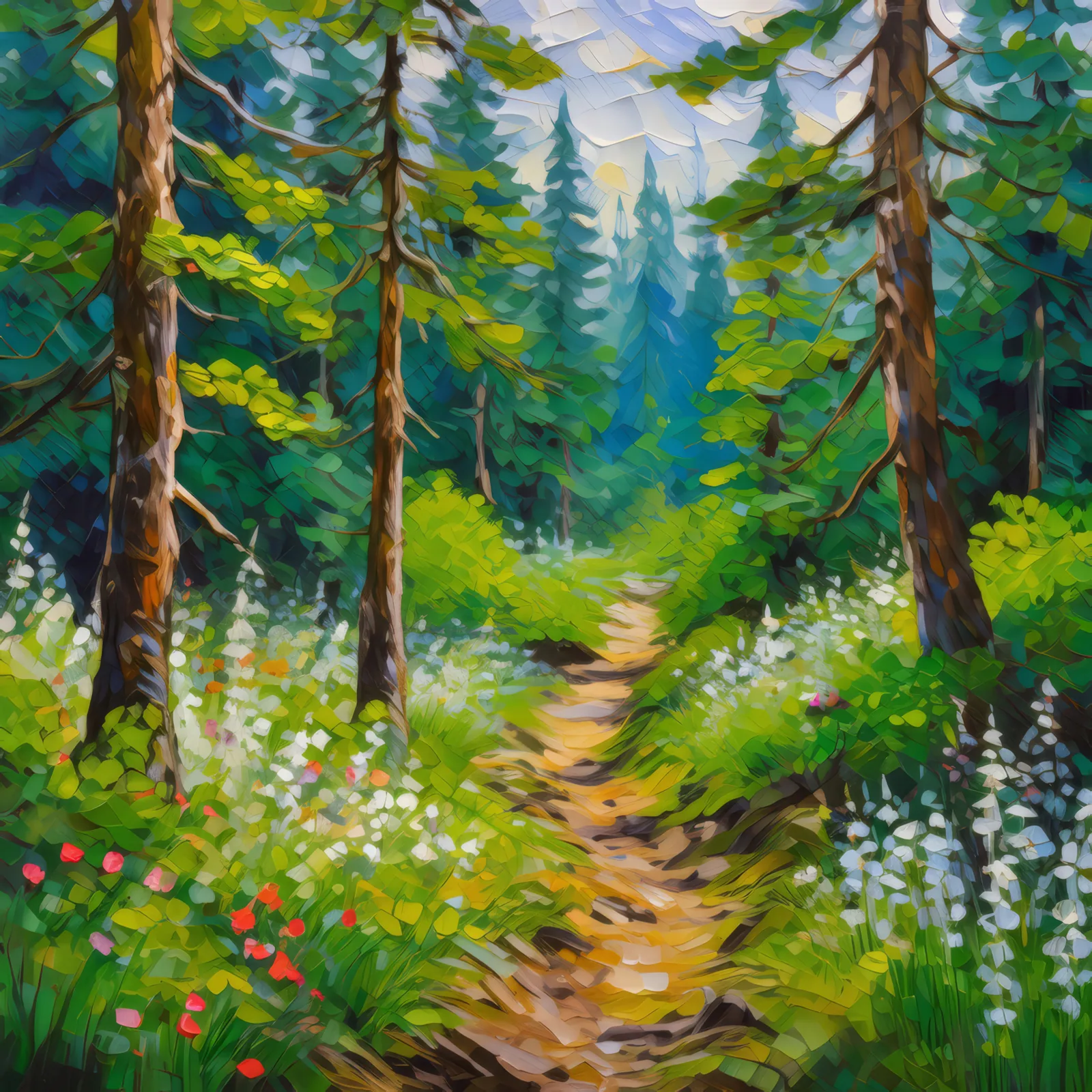 Spring Boreal Forest Hike, a palette-knife oil landscape by Emma Mickelberg