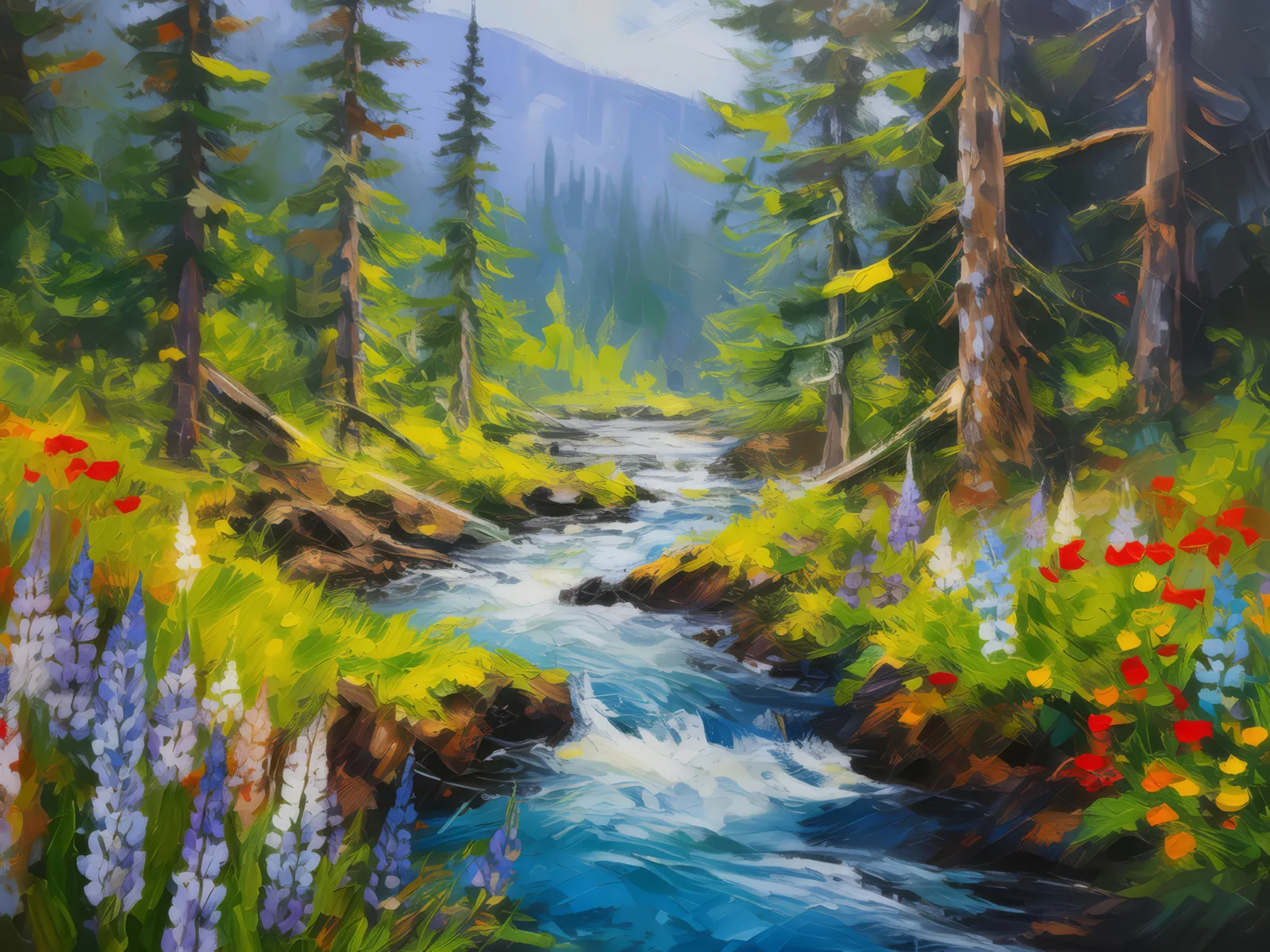 Spring Boreal Forest Stream, a palette-knife oil landscape by Emma Mickelberg
