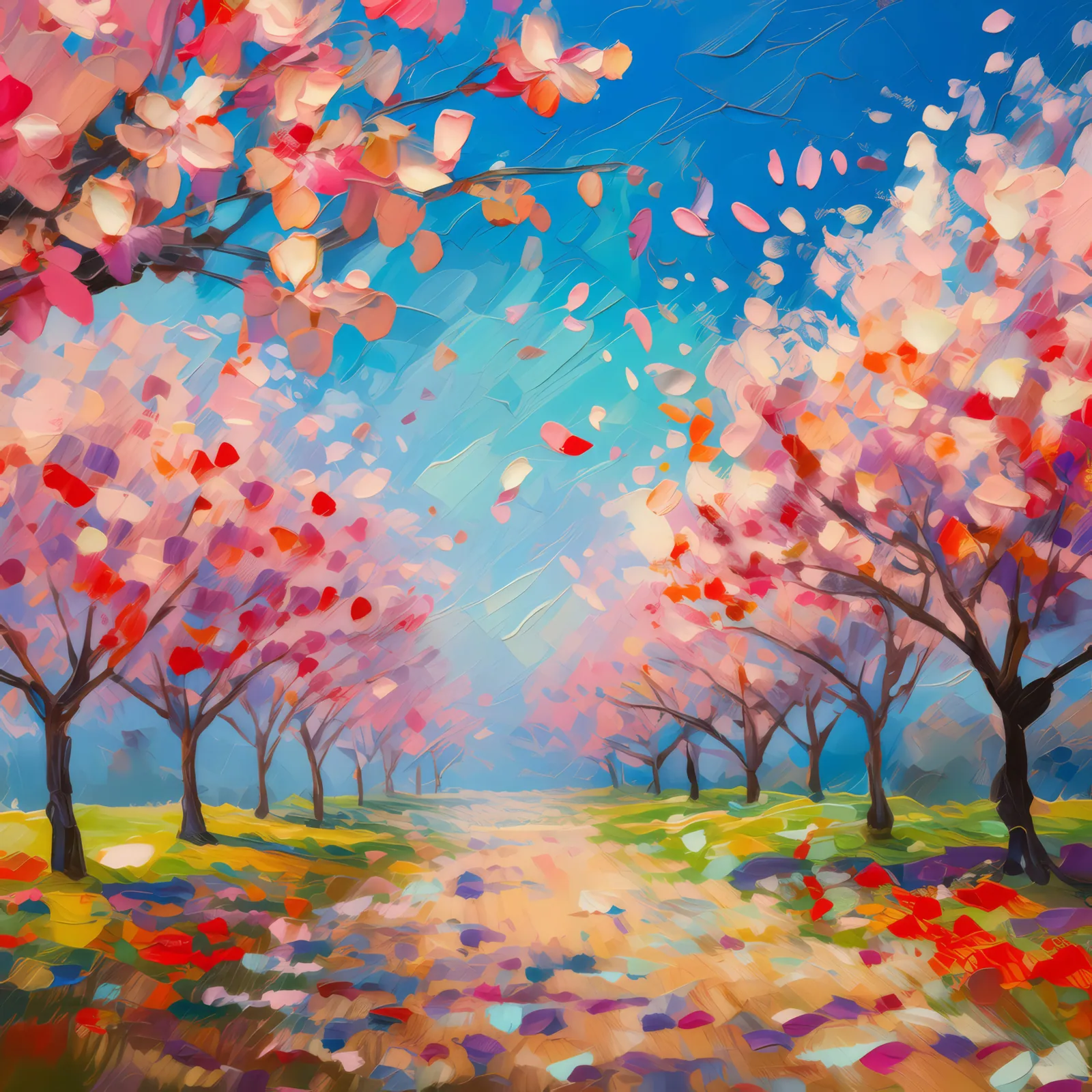 Spring Cherry Blossom, a palette-knife oil landscape by Emma Mickelberg