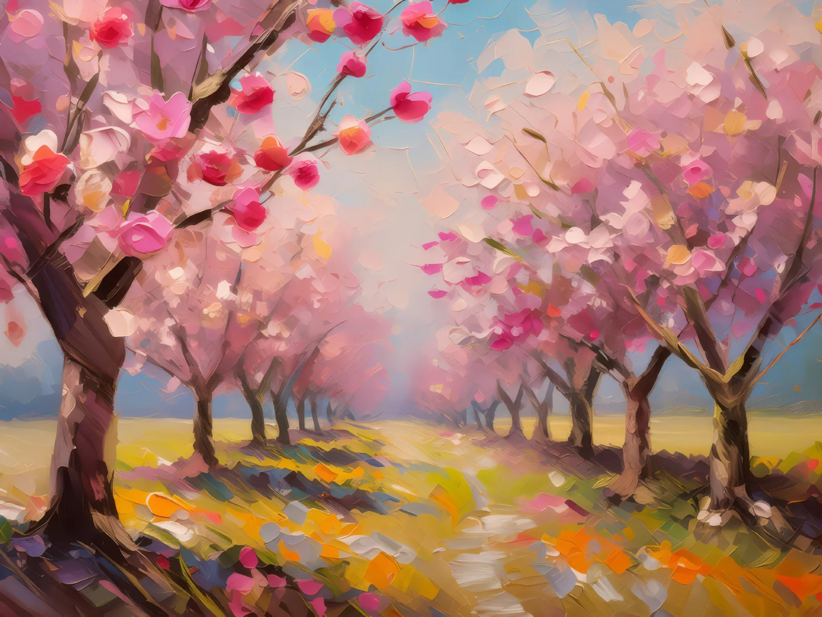 Spring Cherry Orchard in Bloom, a palette-knife oil landscape by Emma Mickelberg