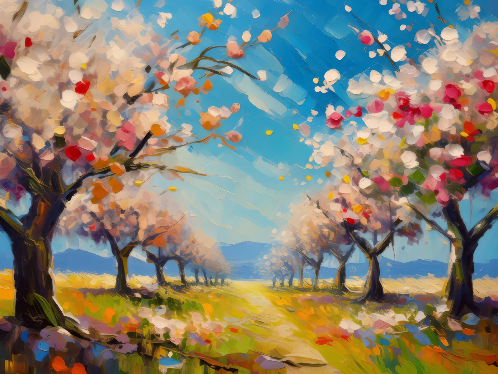 Spring Cherry Orchard, a palette-knife oil landscape by Emma Mickelberg