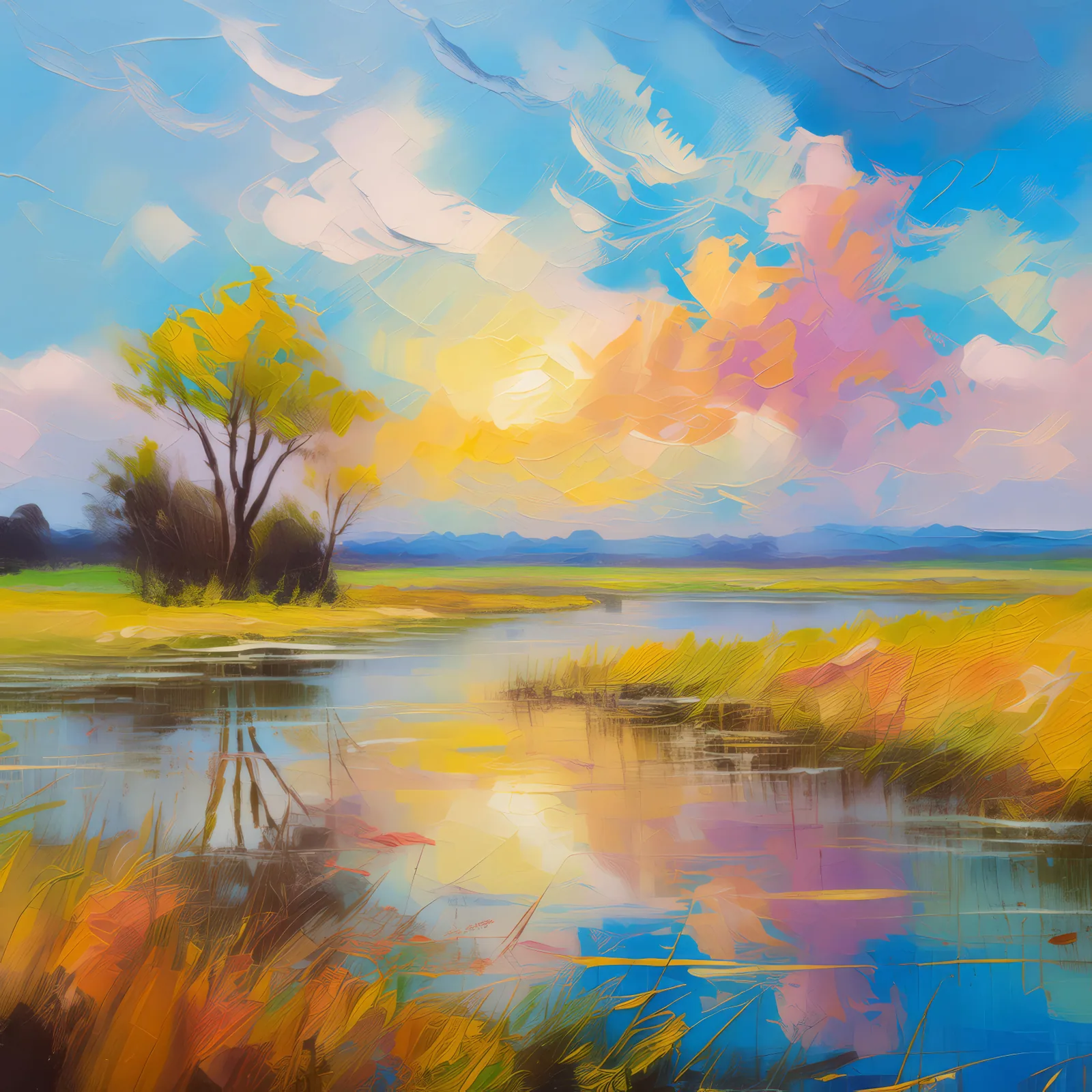 Spring Floods on Grassland, a palette-knife oil landscape by Emma Mickelberg
