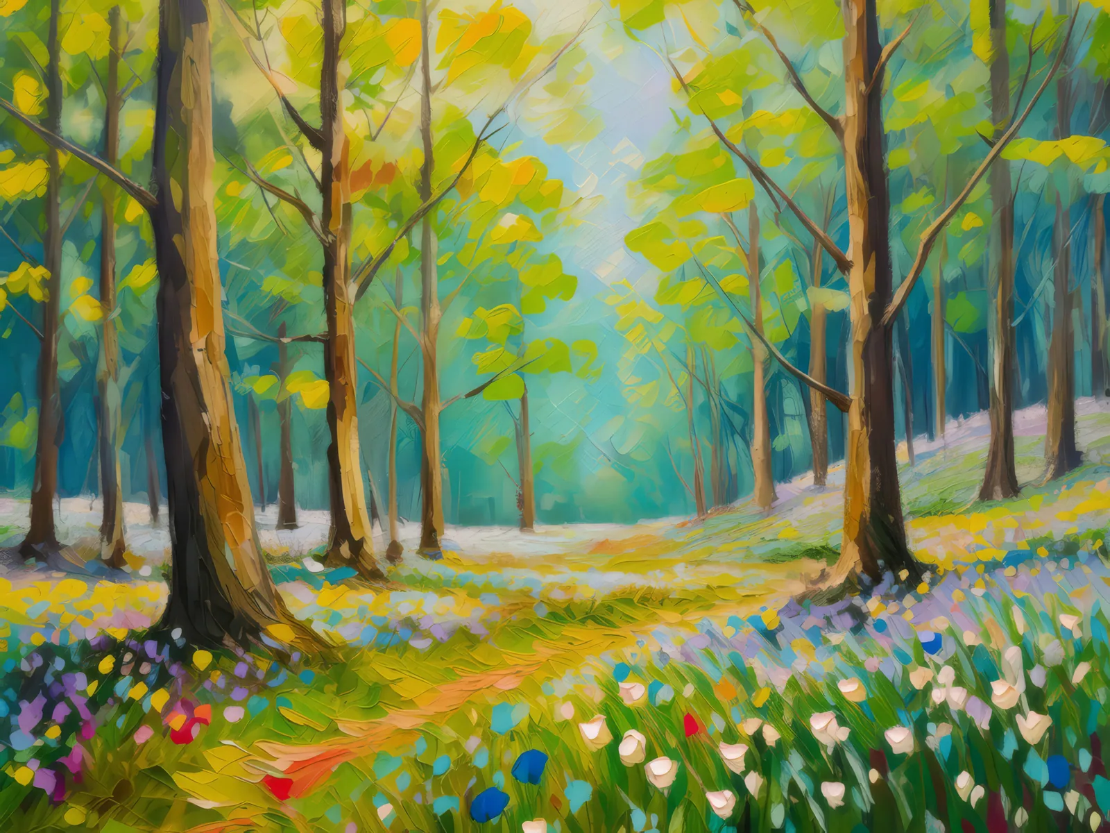 Spring Forest Awakening, a palette-knife oil landscape by Emma Mickelberg