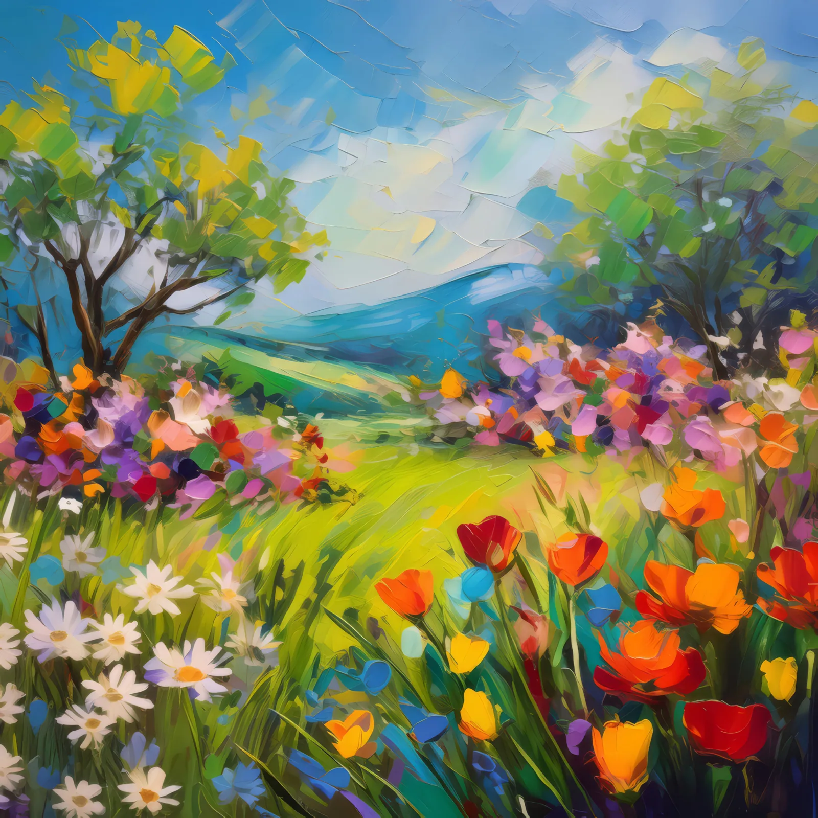 Spring Garden Bloom, a palette-knife oil landscape by Emma Mickelberg