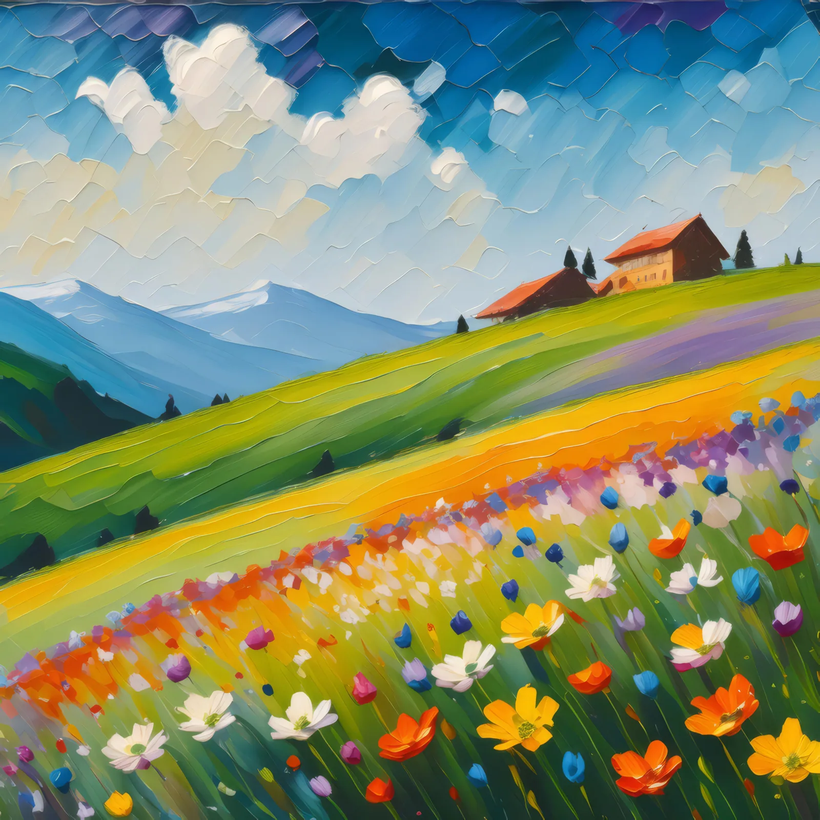 Spring Hill with Wildflowers, a palette-knife oil landscape by Emma Mickelberg