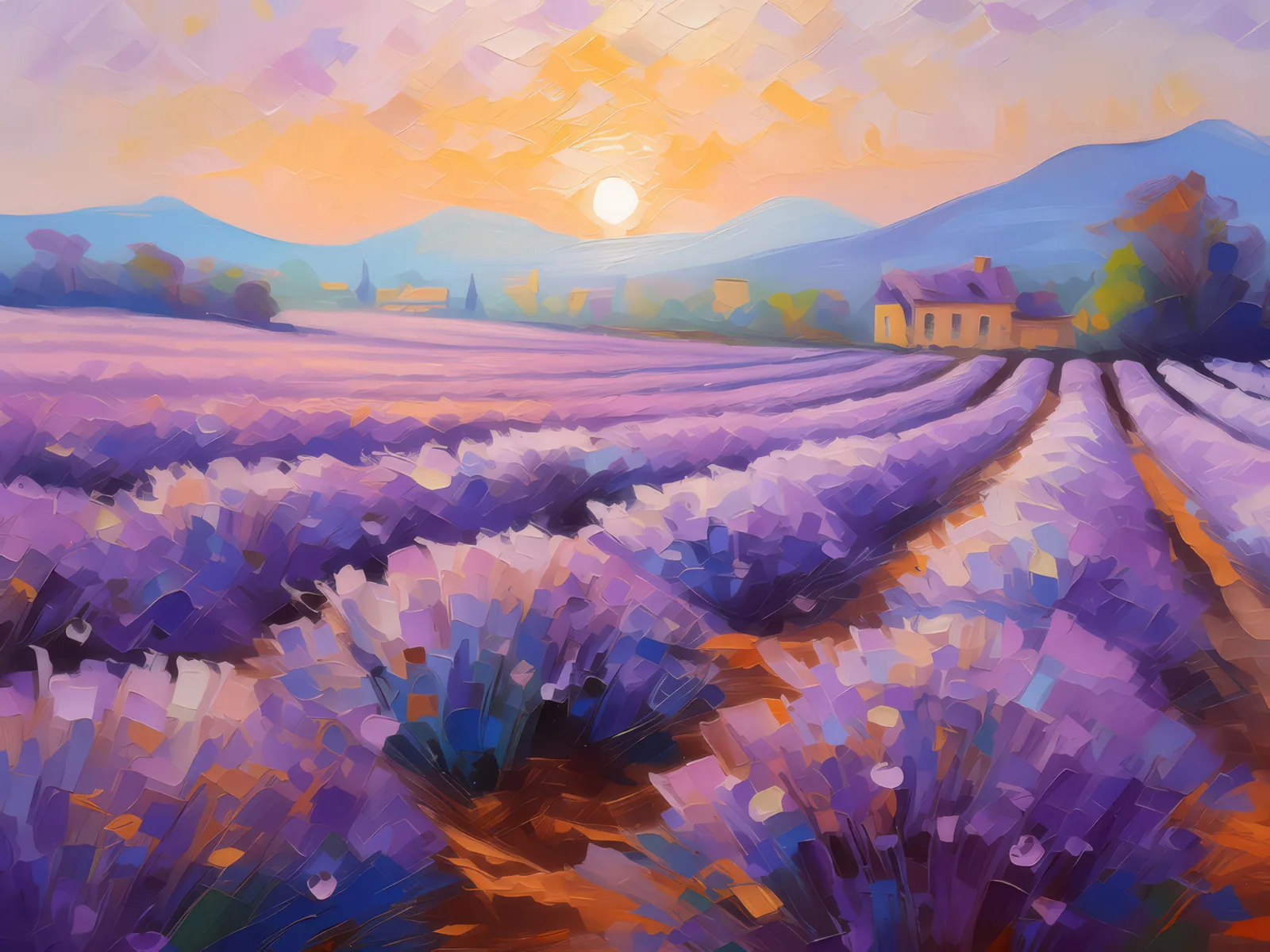Spring Lavender Field at Dawn, a palette-knife oil landscape by Emma Mickelberg