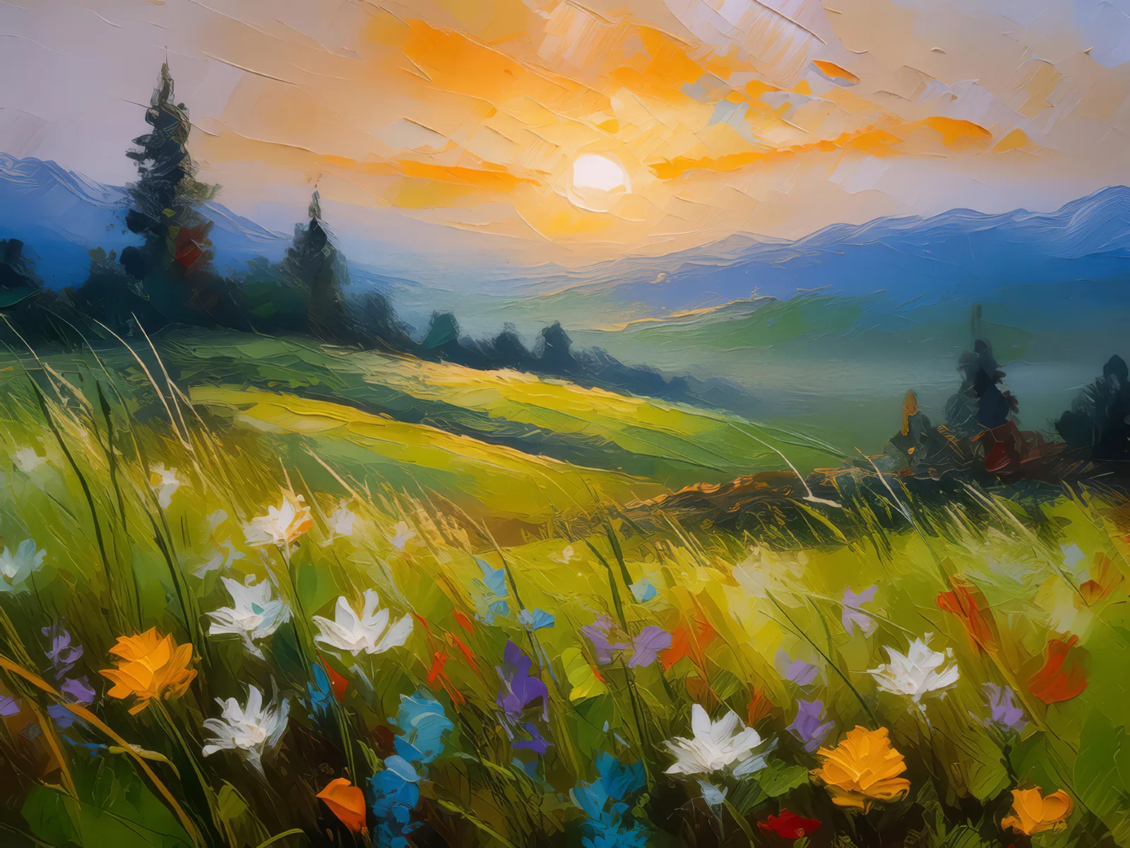 Spring Meadow at Dawn, a palette-knife oil landscape by Emma Mickelberg