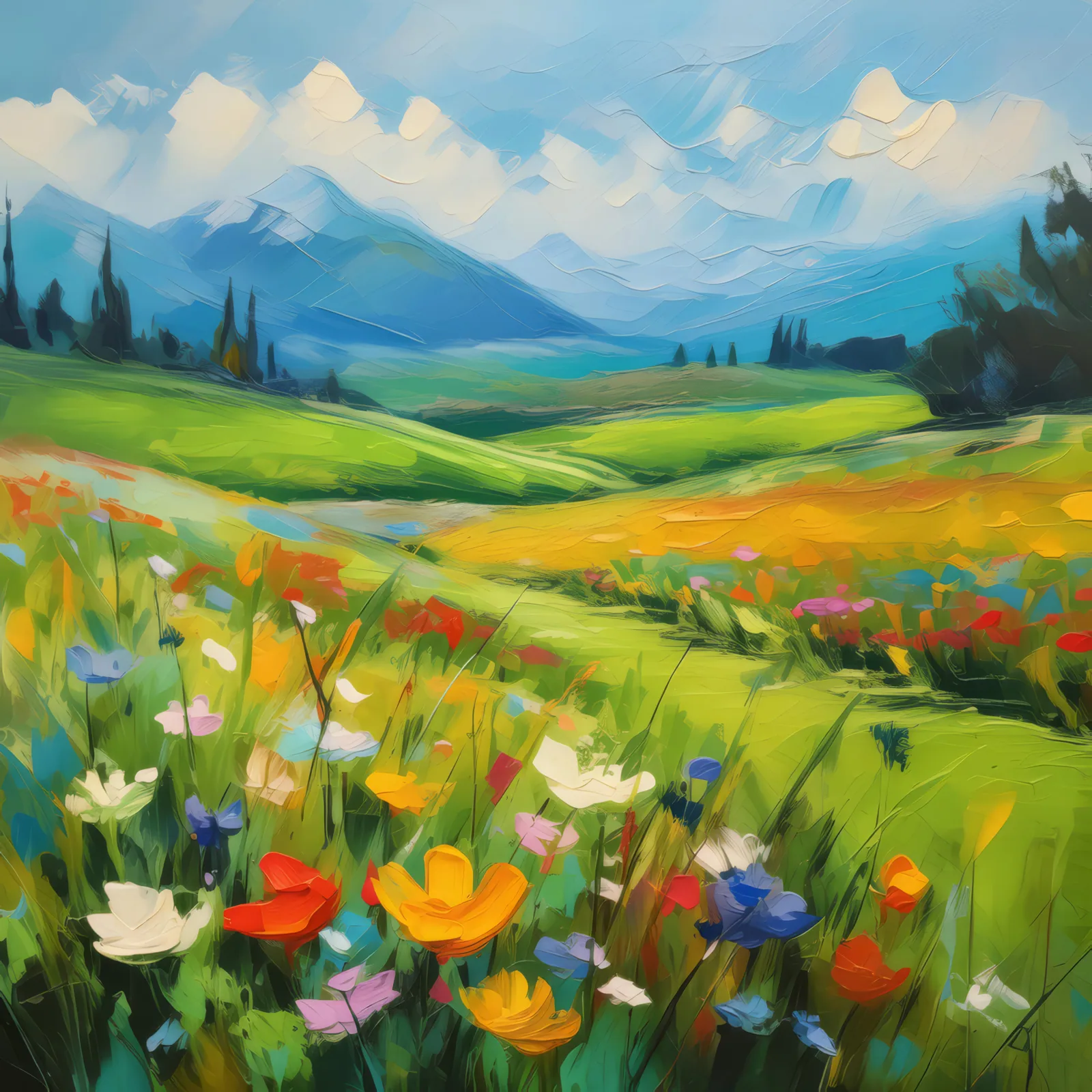 Spring Meadow Bloom, a palette-knife oil landscape by Emma Mickelberg