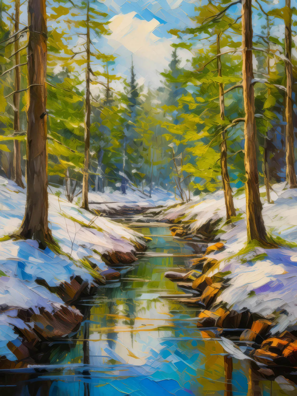 Spring Melt in Boreal Forest, a palette-knife oil landscape by Emma Mickelberg