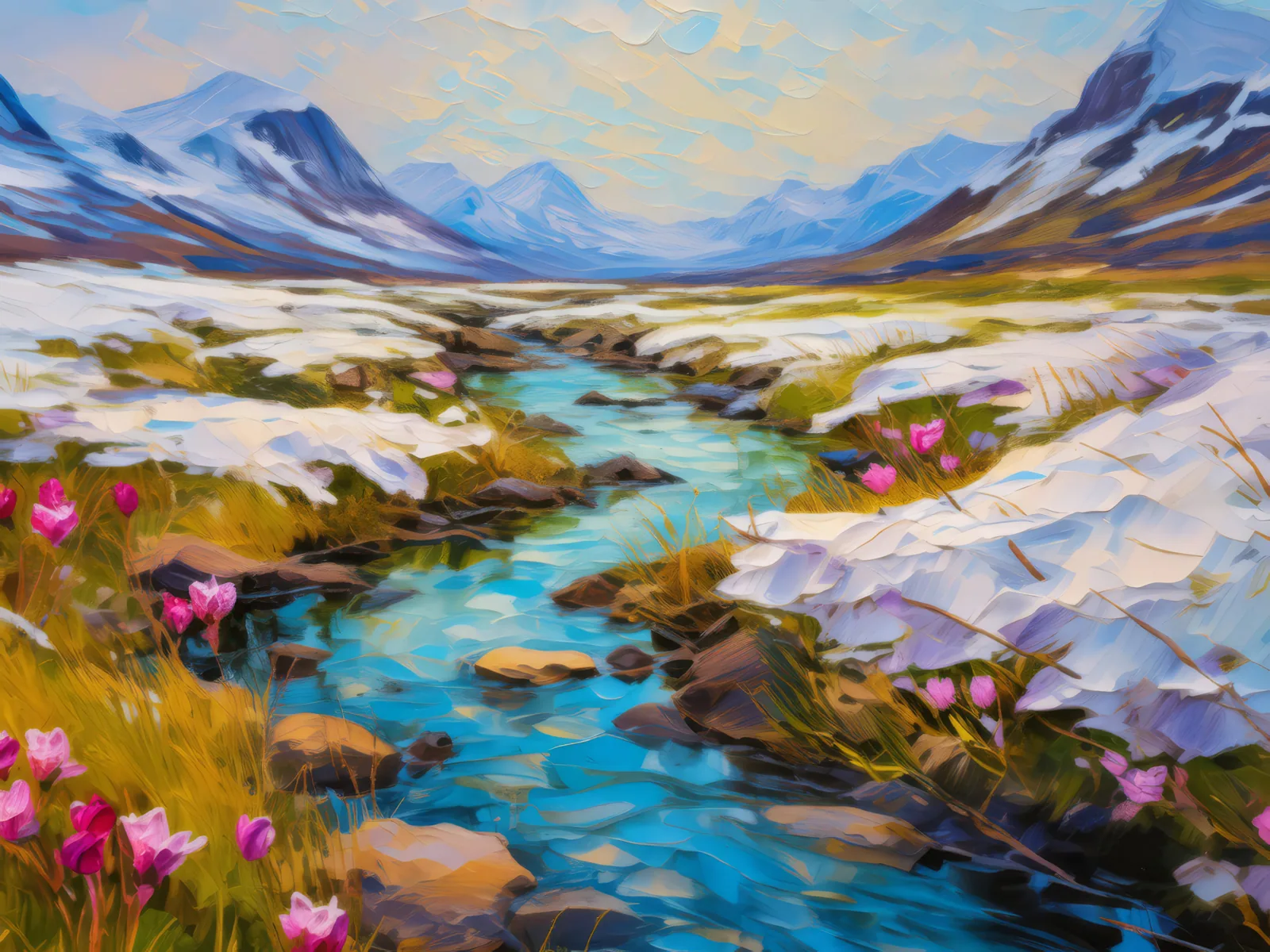 Spring Melt on Tundra, a palette-knife oil landscape by Emma Mickelberg