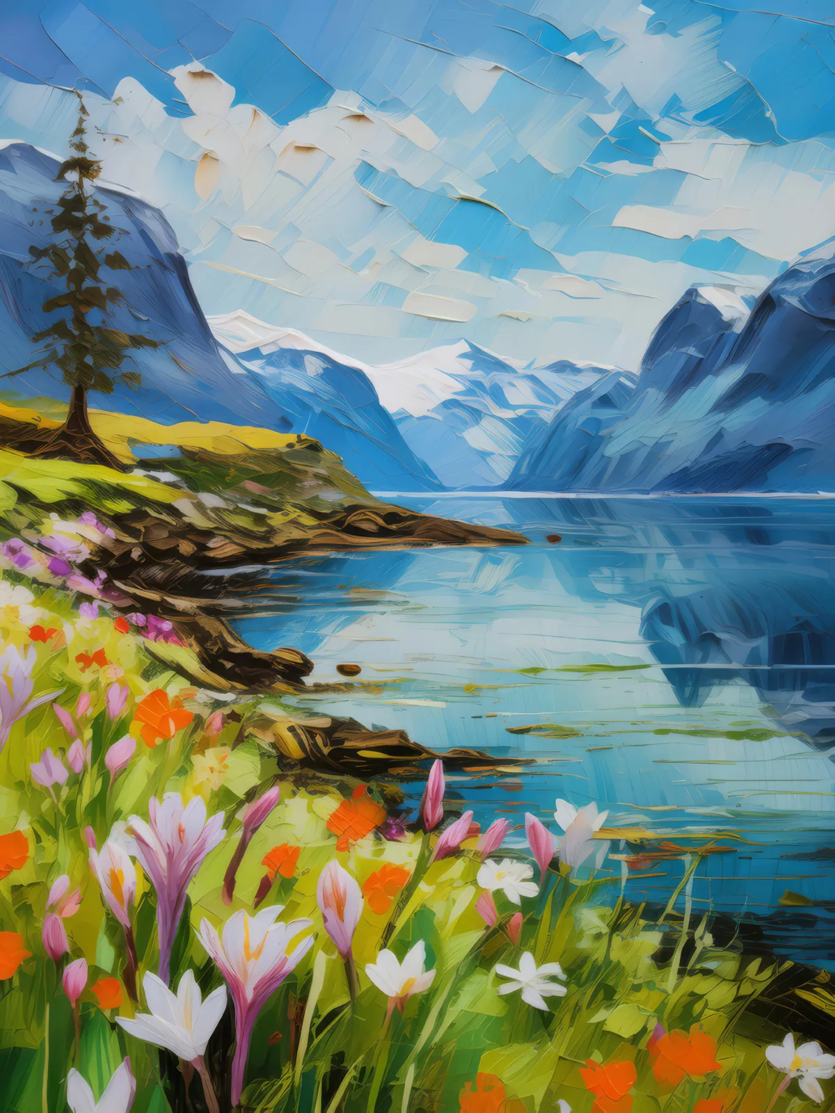 Spring Rebirth by the Fjord, a palette-knife oil landscape by Emma Mickelberg
