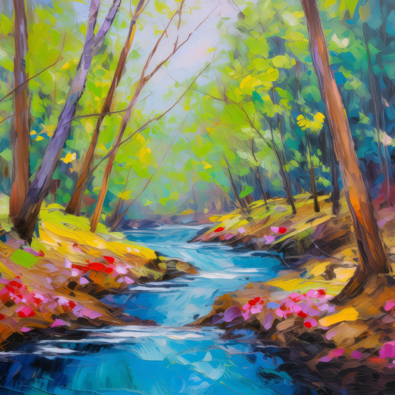 Spring Renewal Along Stream, a palette-knife oil landscape by Emma Mickelberg