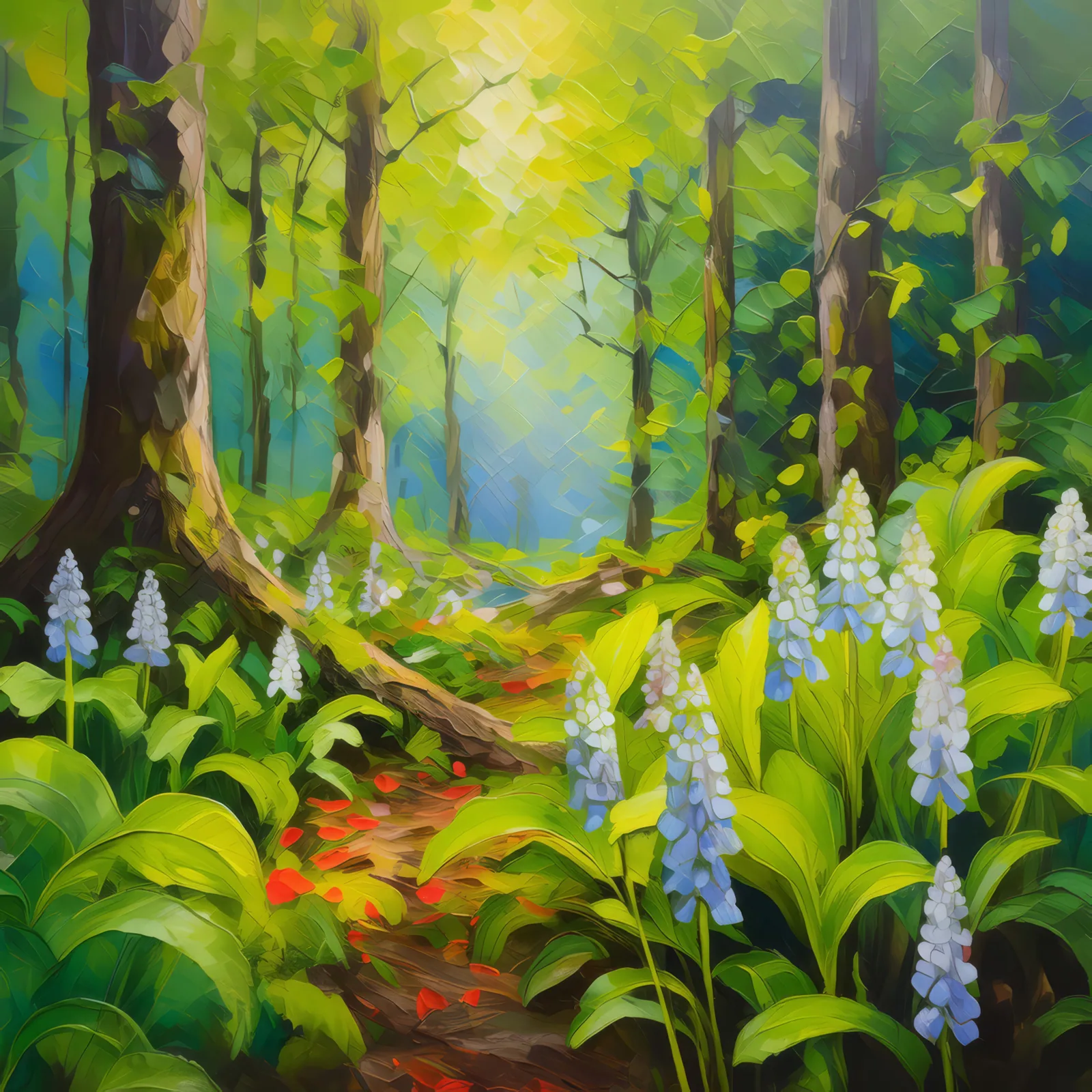 Spring Renewal in the Forest, a palette-knife oil landscape by Emma Mickelberg